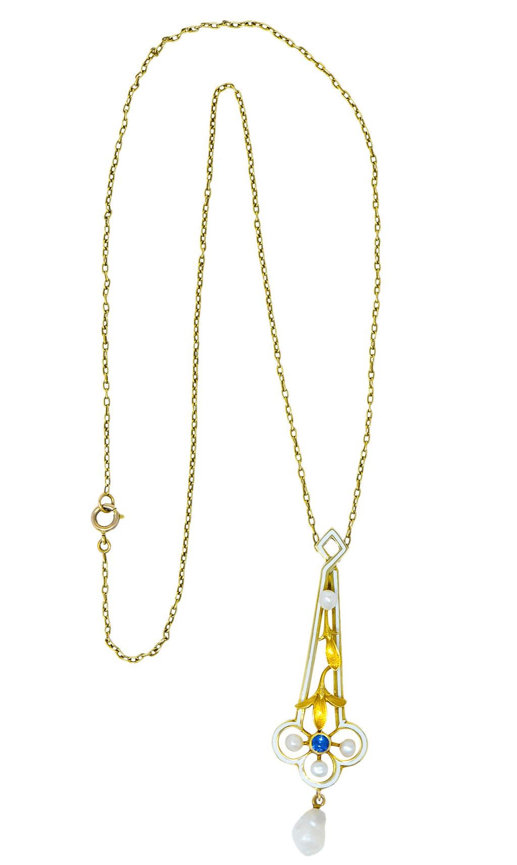 A.J. Hedges & Co. 1905 Art Nouveau Enamel Sapphire Pearl 14 Karat Gold Necklace 6
