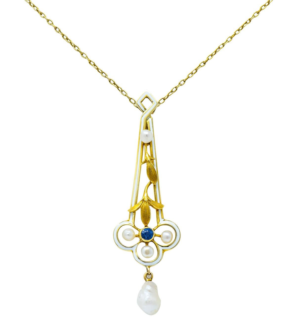 Drop designed with a geometric top, clover bottom, and textured gold foliate motif

Surrounded by white enamel with no loss, consistent with age, wear, and use

Accented with four round natural pearls and a dogtooth pearl drop, very well