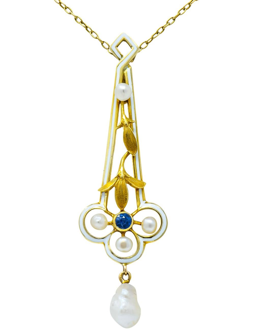 A.J. Hedges & Co. 1905 Art Nouveau Enamel Sapphire Pearl 14 Karat Gold Necklace In Excellent Condition In Philadelphia, PA