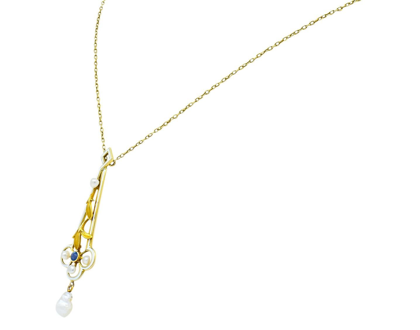 Women's or Men's A.J. Hedges & Co. 1905 Art Nouveau Enamel Sapphire Pearl 14 Karat Gold Necklace
