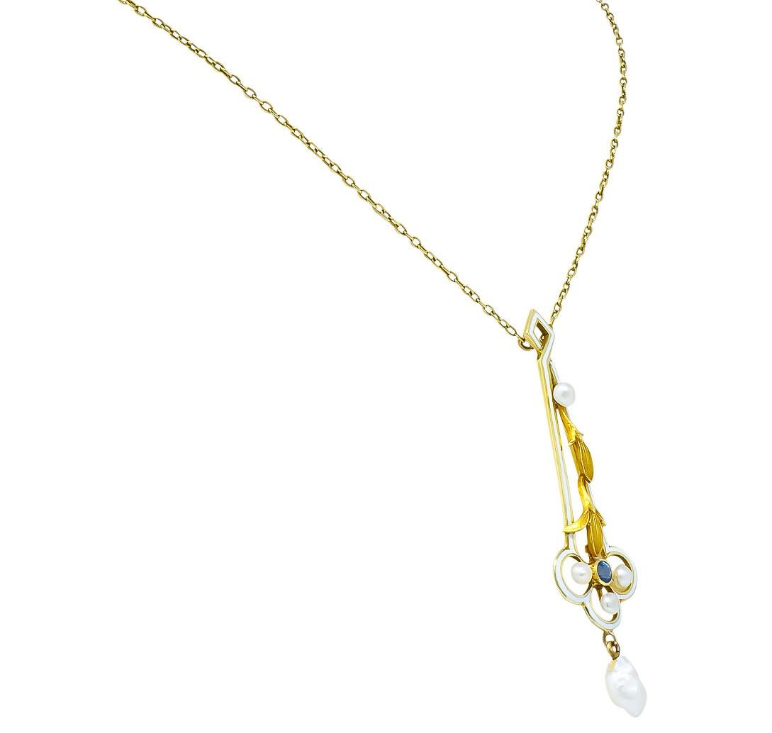 A.J. Hedges & Co. 1905 Art Nouveau Enamel Sapphire Pearl 14 Karat Gold Necklace 1