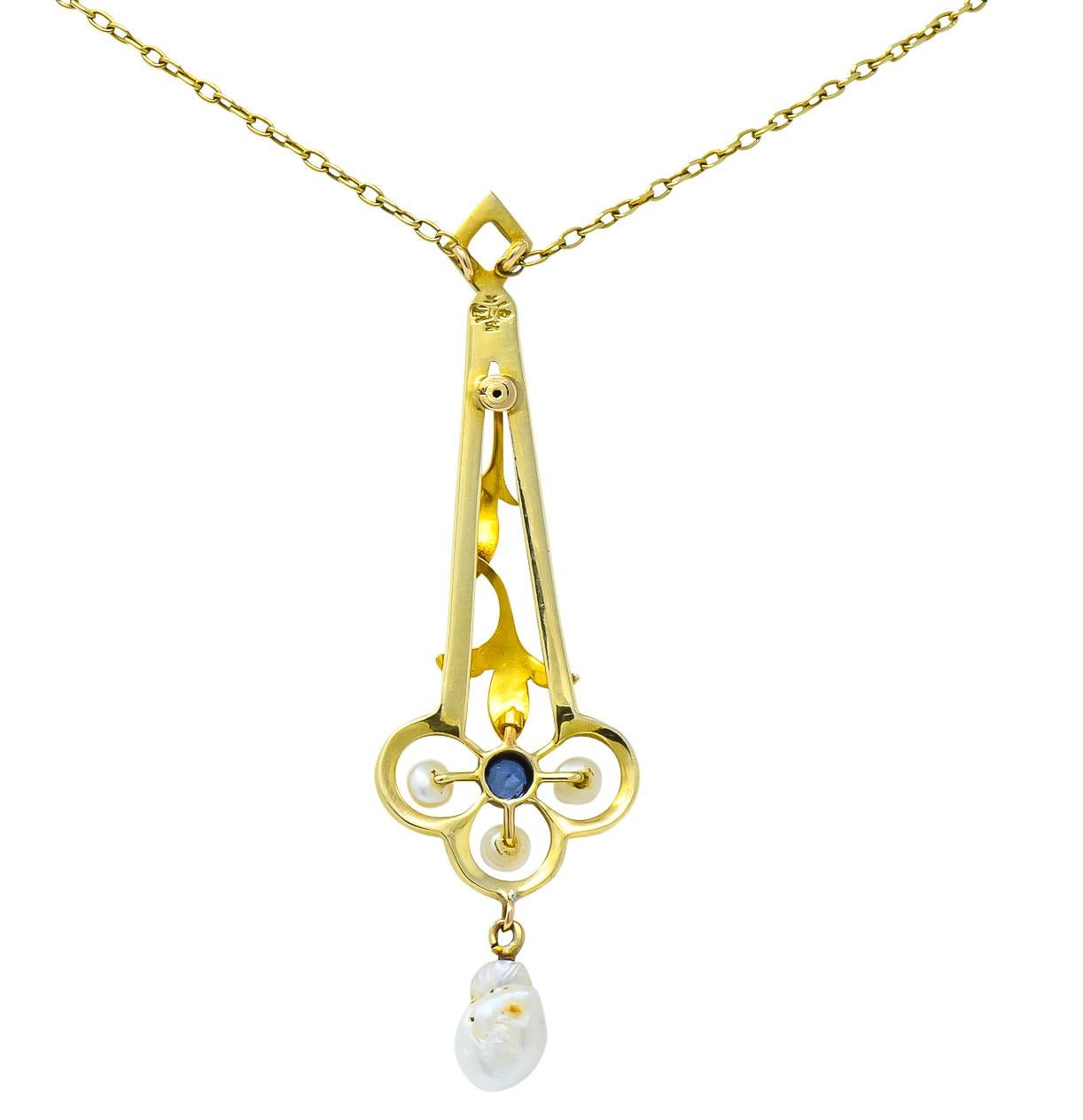 A.J. Hedges & Co. 1905 Art Nouveau Enamel Sapphire Pearl 14 Karat Gold Necklace 4
