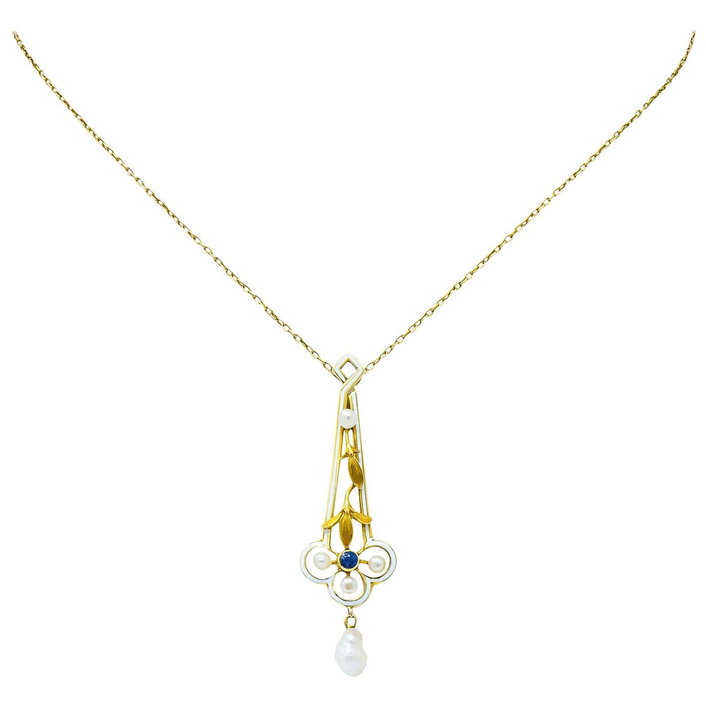 A.J. Hedges & Co. 1905 Art Nouveau Enamel Sapphire Pearl 14 Karat Gold Necklace