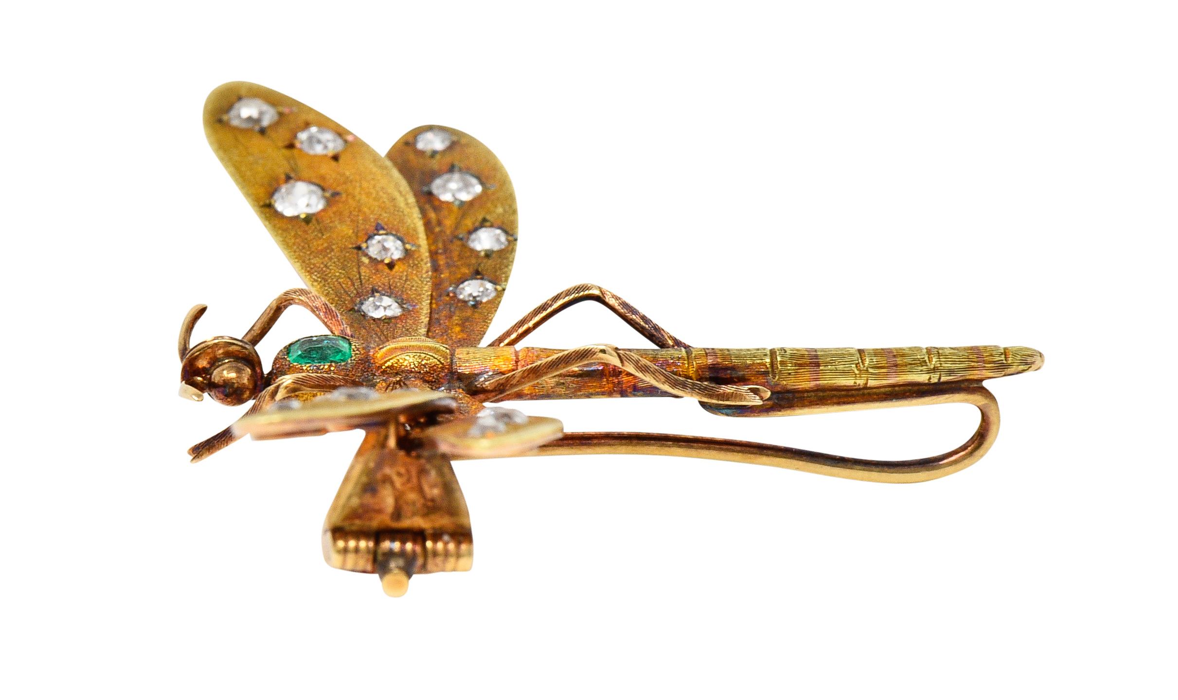 A.J Hedges & Co. Art Nouveau Emerald Diamond 14 Karat Gold Dragonfly Brooch For Sale 3