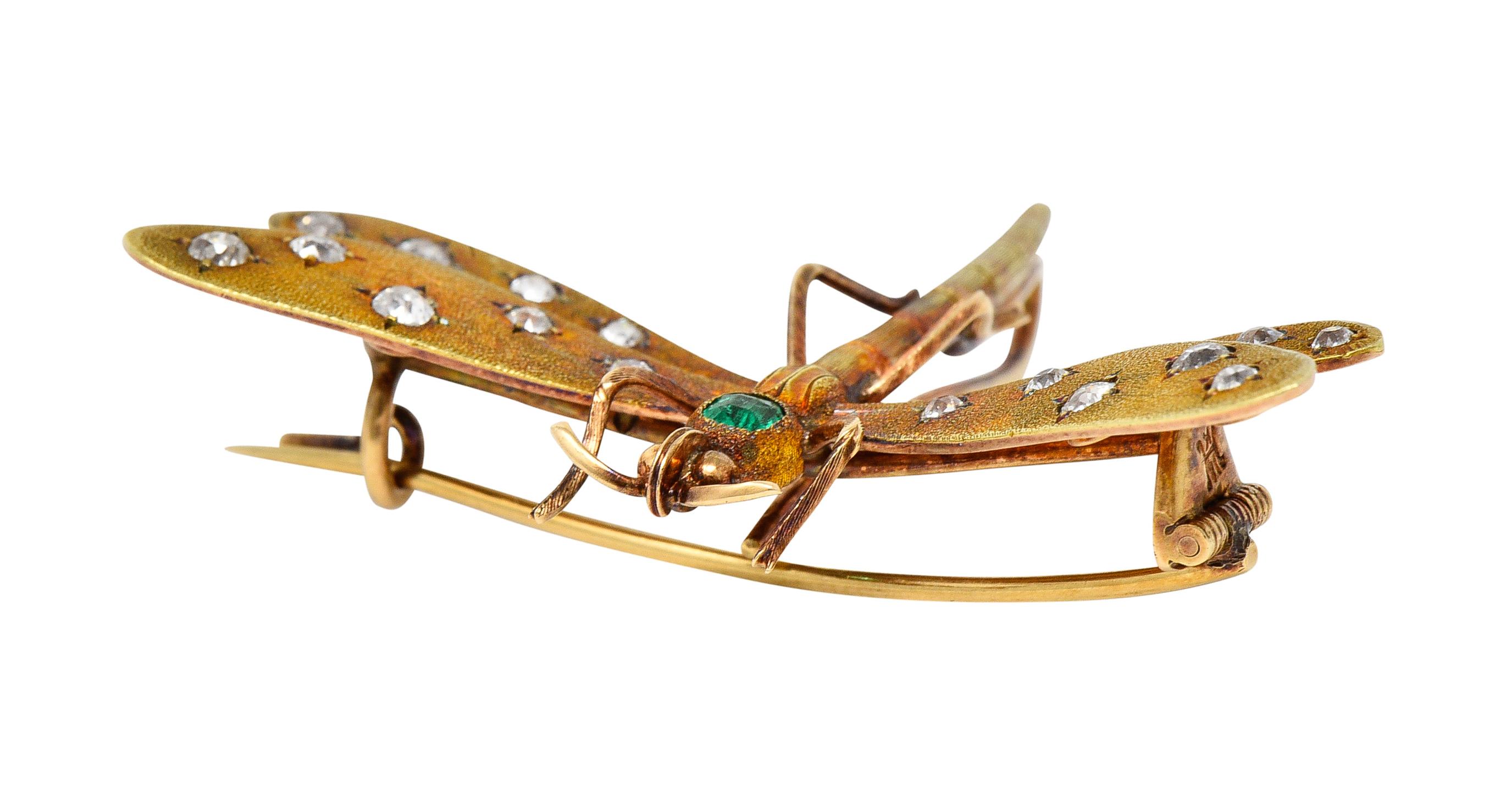 A.J Hedges & Co. Art Nouveau Emerald Diamond 14 Karat Gold Dragonfly Brooch In Excellent Condition For Sale In Philadelphia, PA