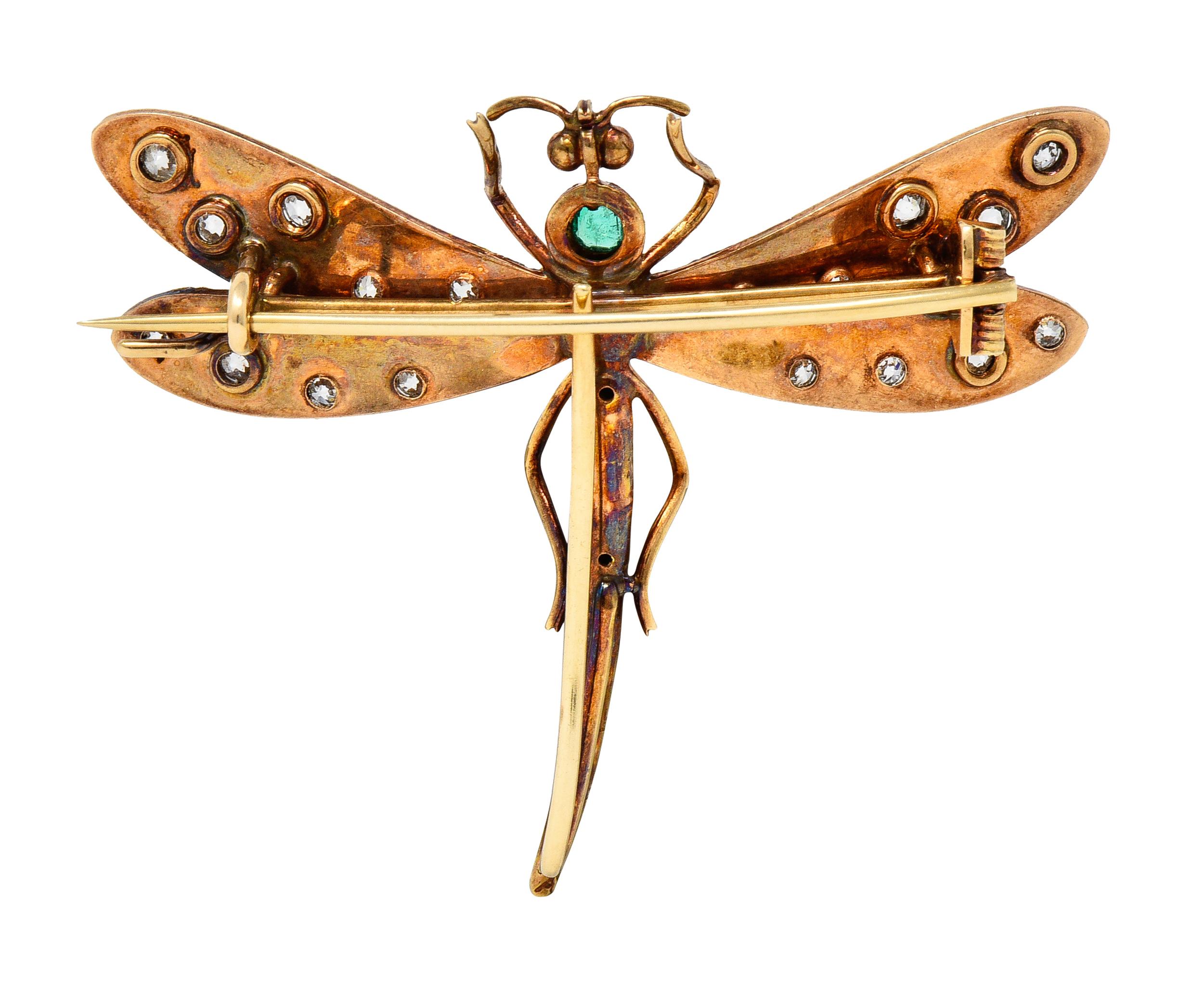Women's or Men's A.J Hedges & Co. Art Nouveau Emerald Diamond 14 Karat Gold Dragonfly Brooch For Sale
