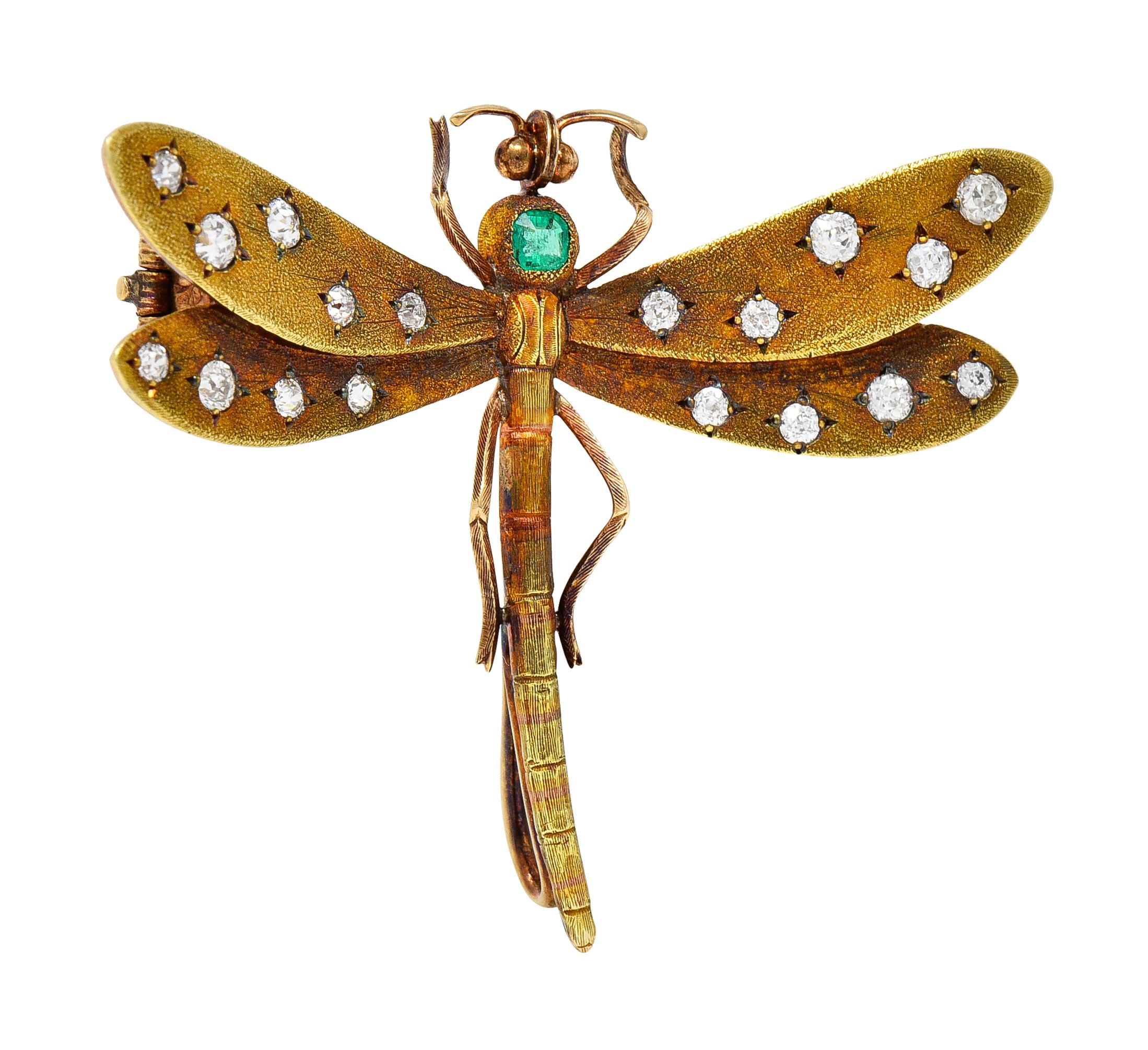 A.J Hedges & Co. Art Nouveau Emerald Diamond 14 Karat Gold Dragonfly Brooch For Sale 2