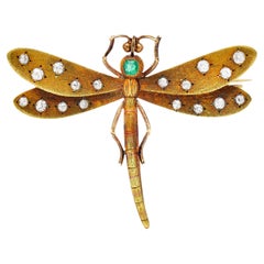 A.J Hedges & Co. Art Nouveau Emerald Diamond 14 Karat Gold Dragonfly Brooch