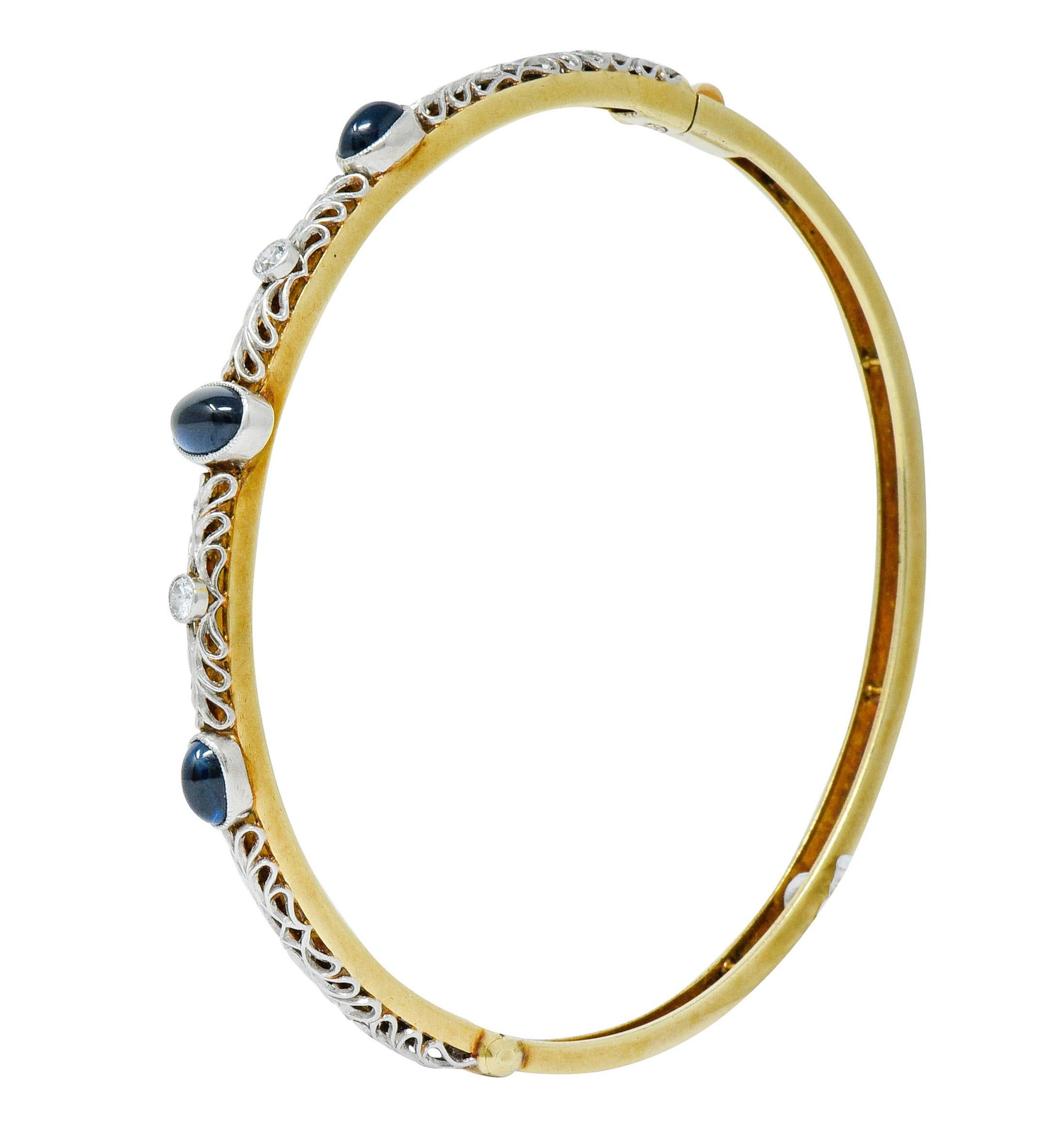 A.J. Hedges Edwardian Diamond Sapphire Platinum 14 Karat Gold Bangle Bracelet 2