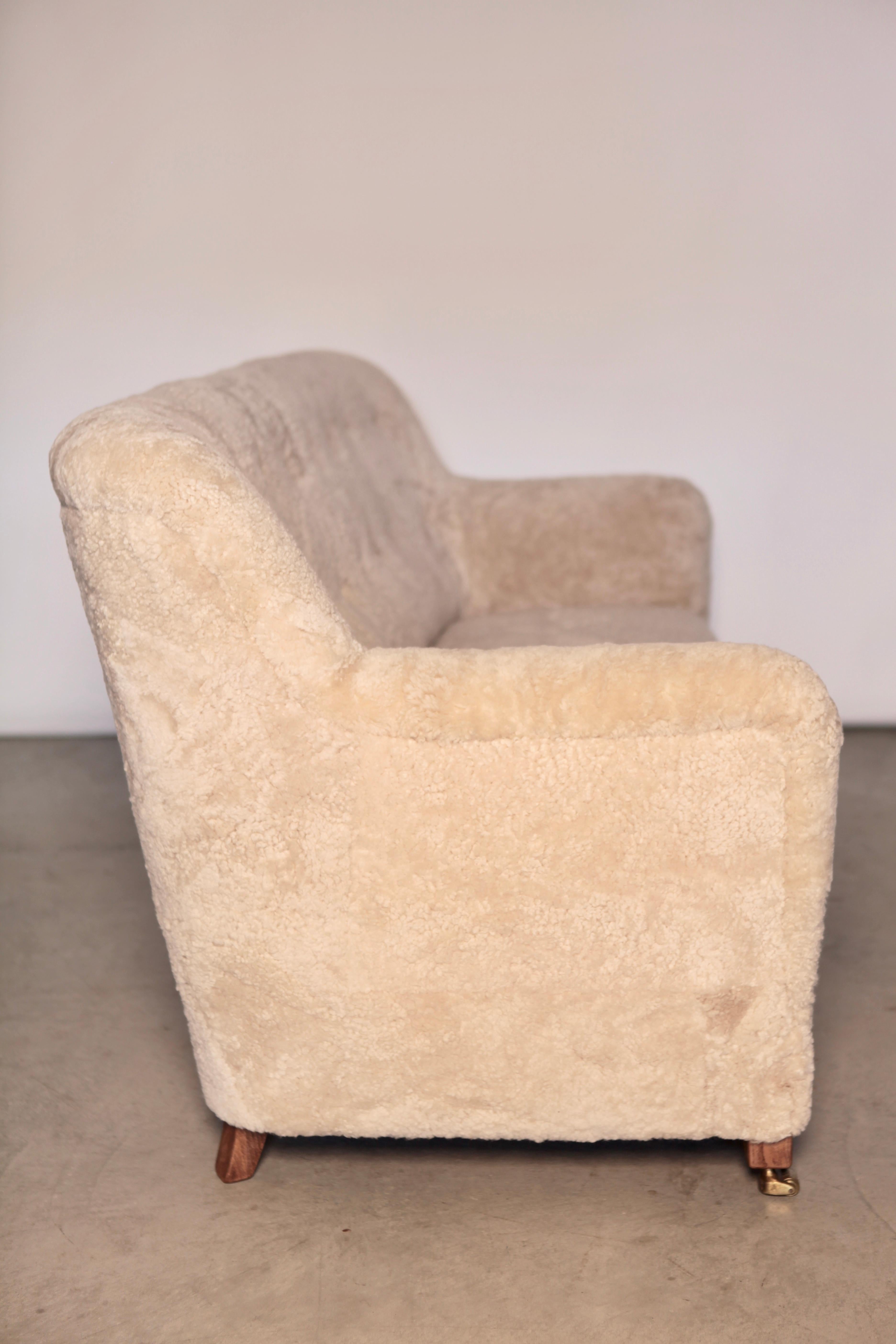 Danish A.J. Iversen Three-Seat Lambskin Sofa, Denmark, 1939