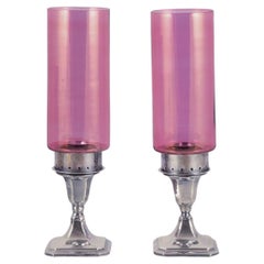 A.J. Pepper & Co. Pair of "Hurricanes" candlesticks in silver and violet glass
