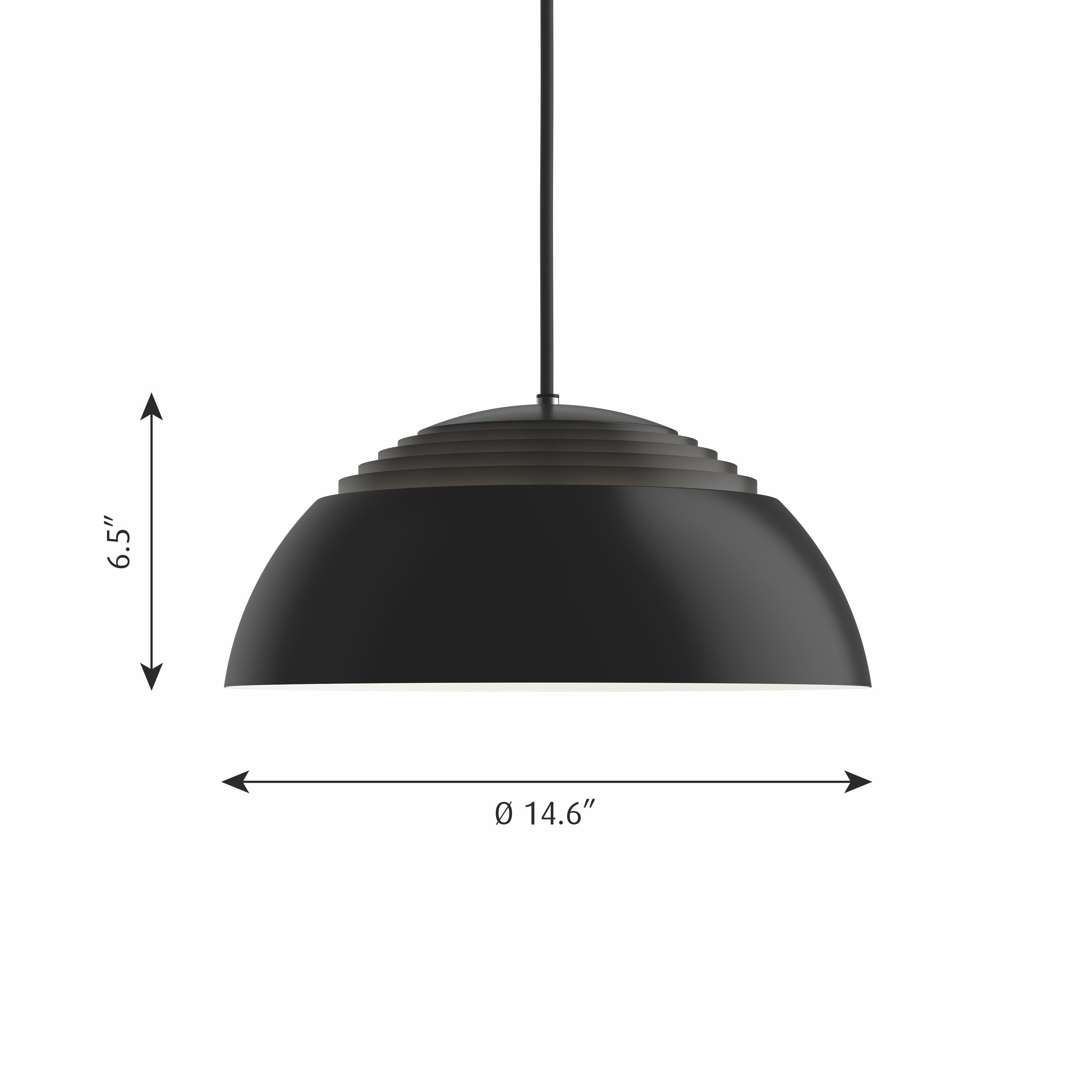 AJ Royal pendant in black by Arne Jacobsen for Louis Poulsen. Designed in 1960 by Arne Jacobsen for the SAS Royal Hotel in Copenhagen, the AJ Royal is an icon that follows Jacobsen's overall geometric shape concept. The spherical dome shape is