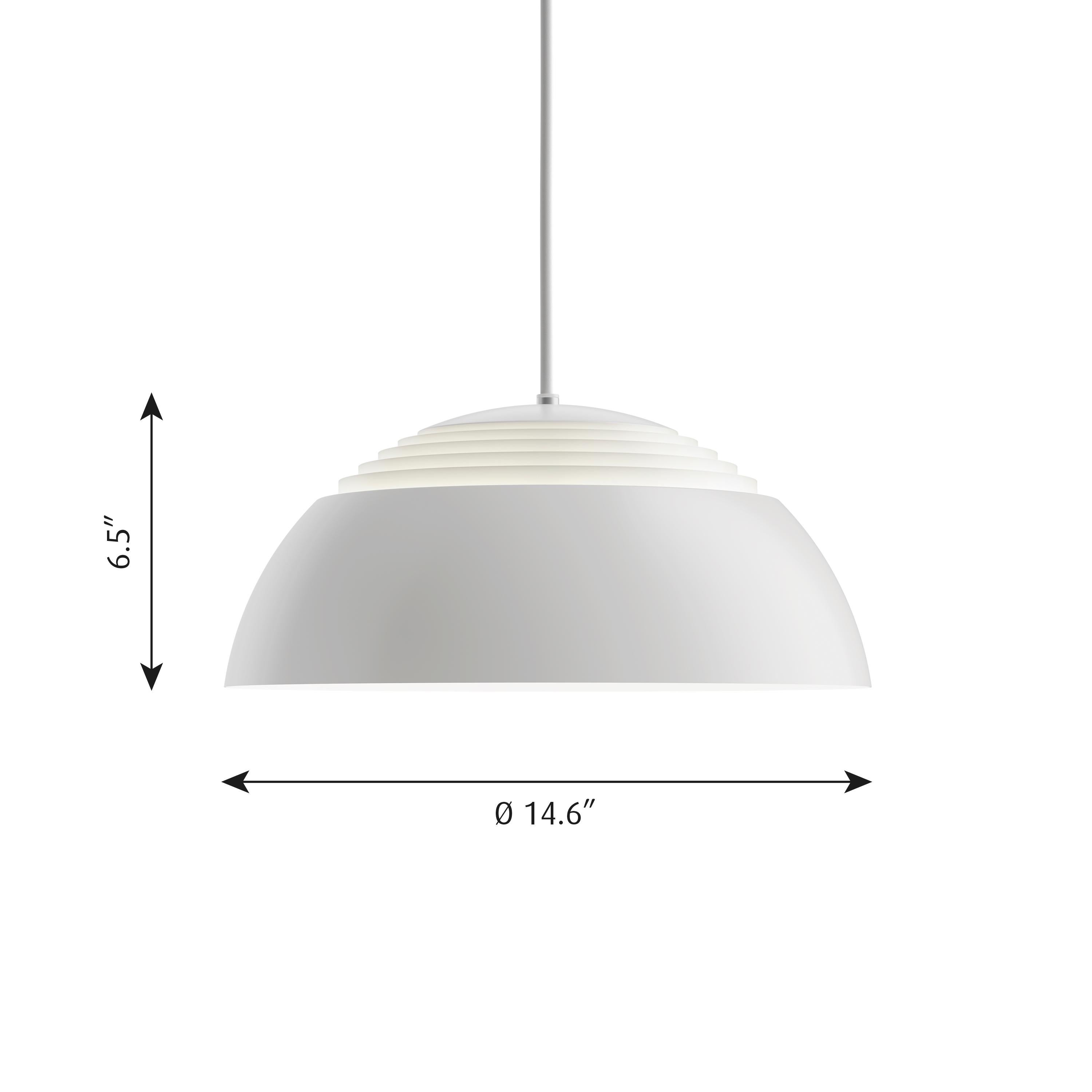 AJ Royal pendant in white by Arne Jacobsen for Louis Poulsen. Designed in 1960 by Arne Jacobsen for the SAS Royal Hotel in Copenhagen, the AJ Royal is an icon that follows Jacobsen's overall geometric shape concept. The spherical dome shape is