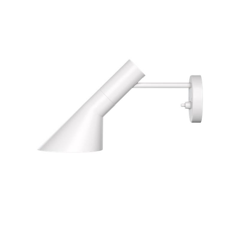 AJ Wall Sconces by Arne Jacobsen. Current production manufactured in Denmark by Louis Poulsen. Wired for U.S. standards. Base of spun steel, arm spun aluminum. AJ 50 Wall was launched in 2010 in conjunction with the 50th anniversary of the launch of