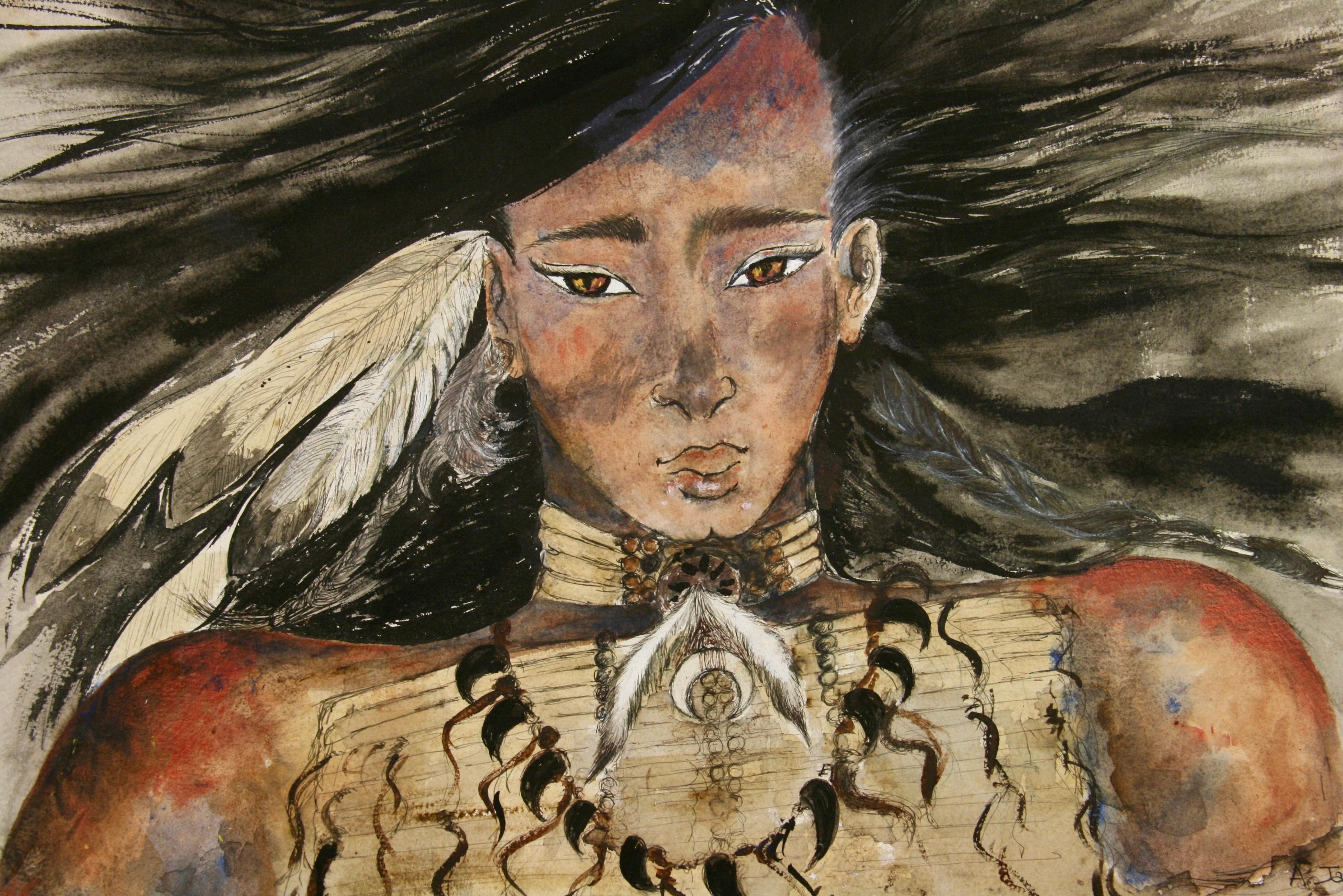 Native American  Mixed Media Portrait  - Painting by A.Jarret