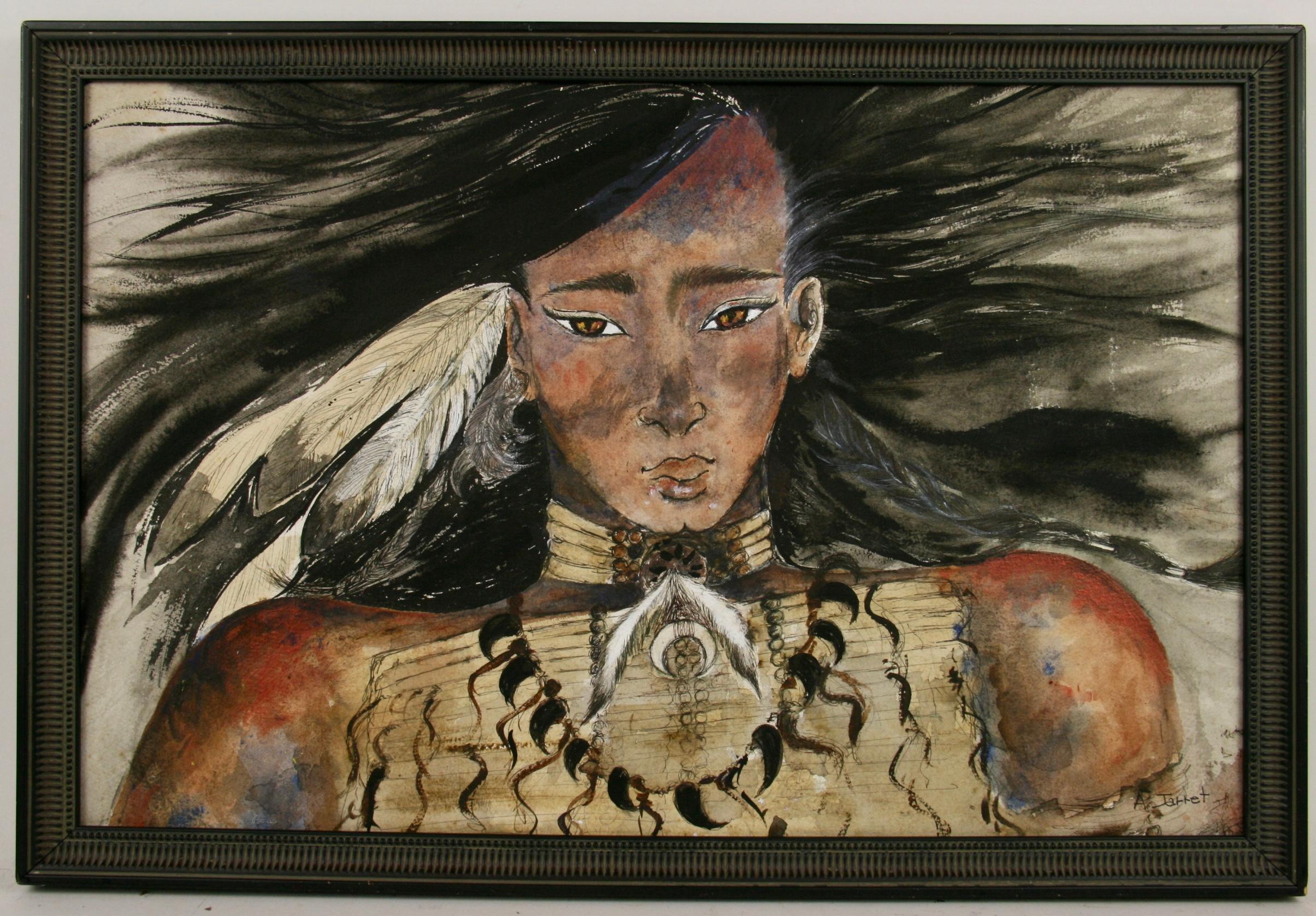 A.Jarret Figurative Painting - Native American  Mixed Media Portrait 