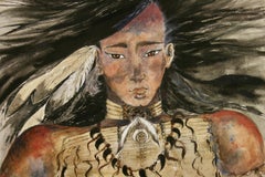 Retrato de nativo americano, acuarela gouache sobre tabla, firmado, 16x24
