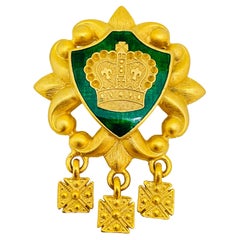 AJC signed vintage gold tone enamel fleur de lis crown cross designer brooch