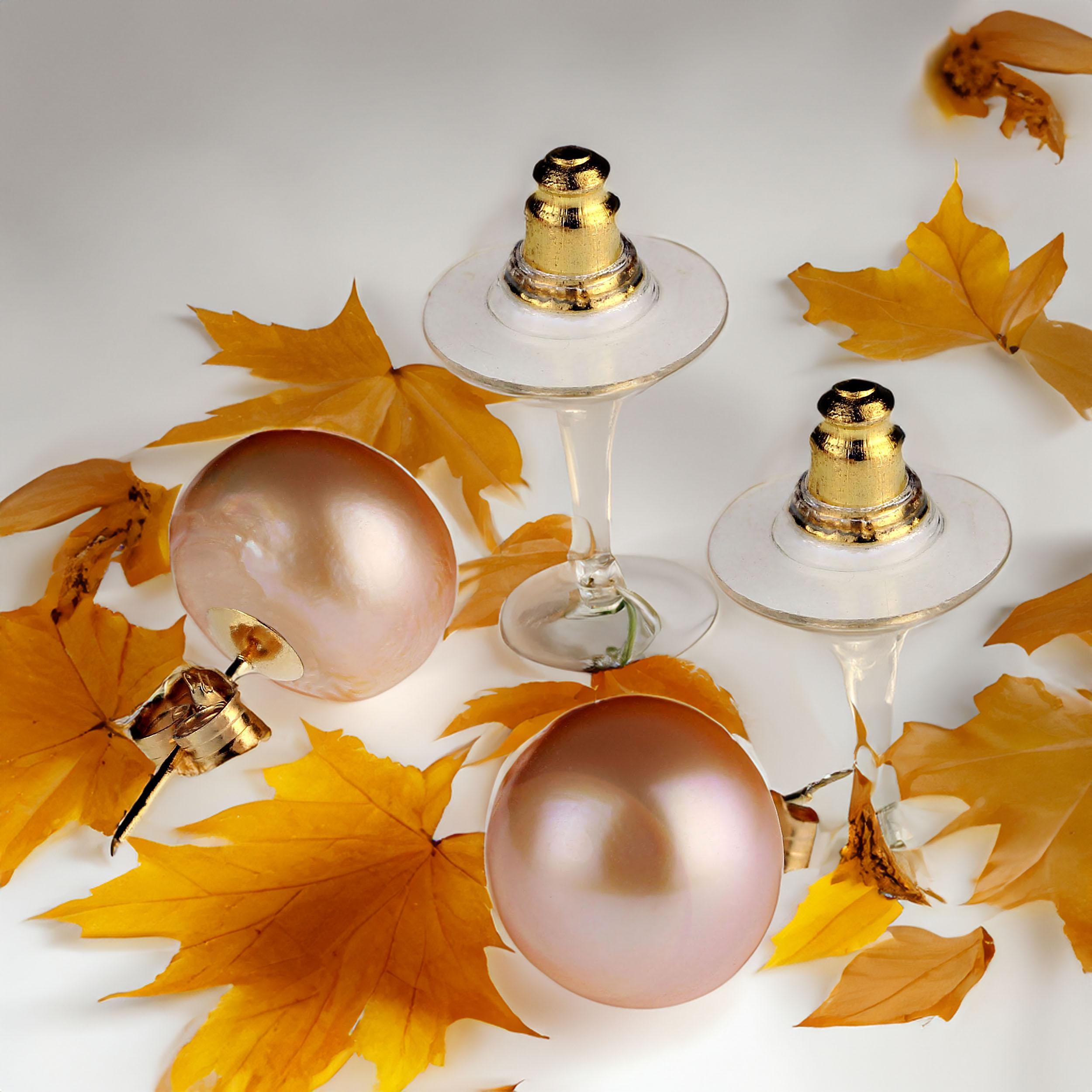 AJD 10 MM Bronzy Pearl Studs with 14K yellow gold For Sale 2