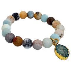 AJD 10 MM Multi Color frosted matte Amazonite Elastic Bracelet with Druzy Dangle