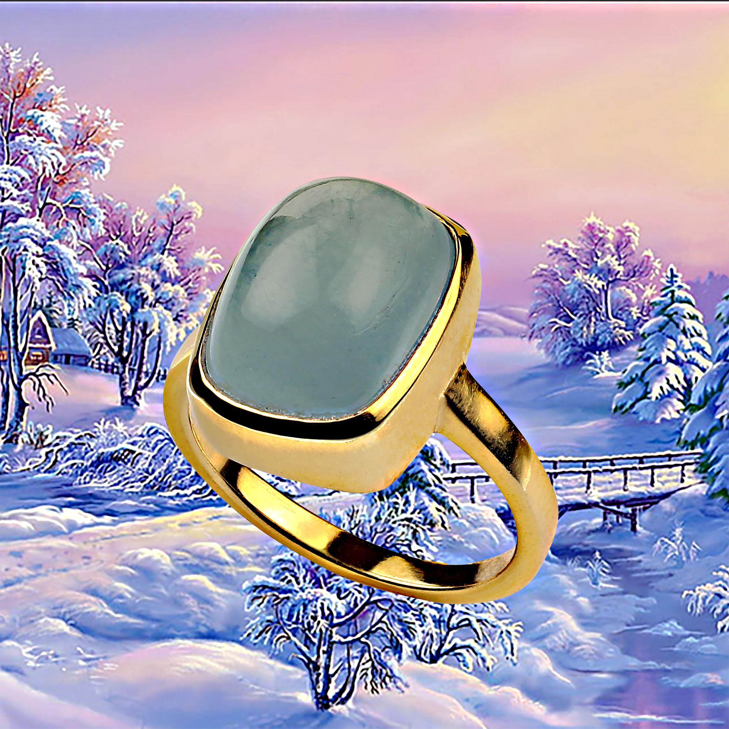 AJD 13ct Awesome Aquamarine Cabochon in Bezel Gold Rhodium Ring For Sale 3