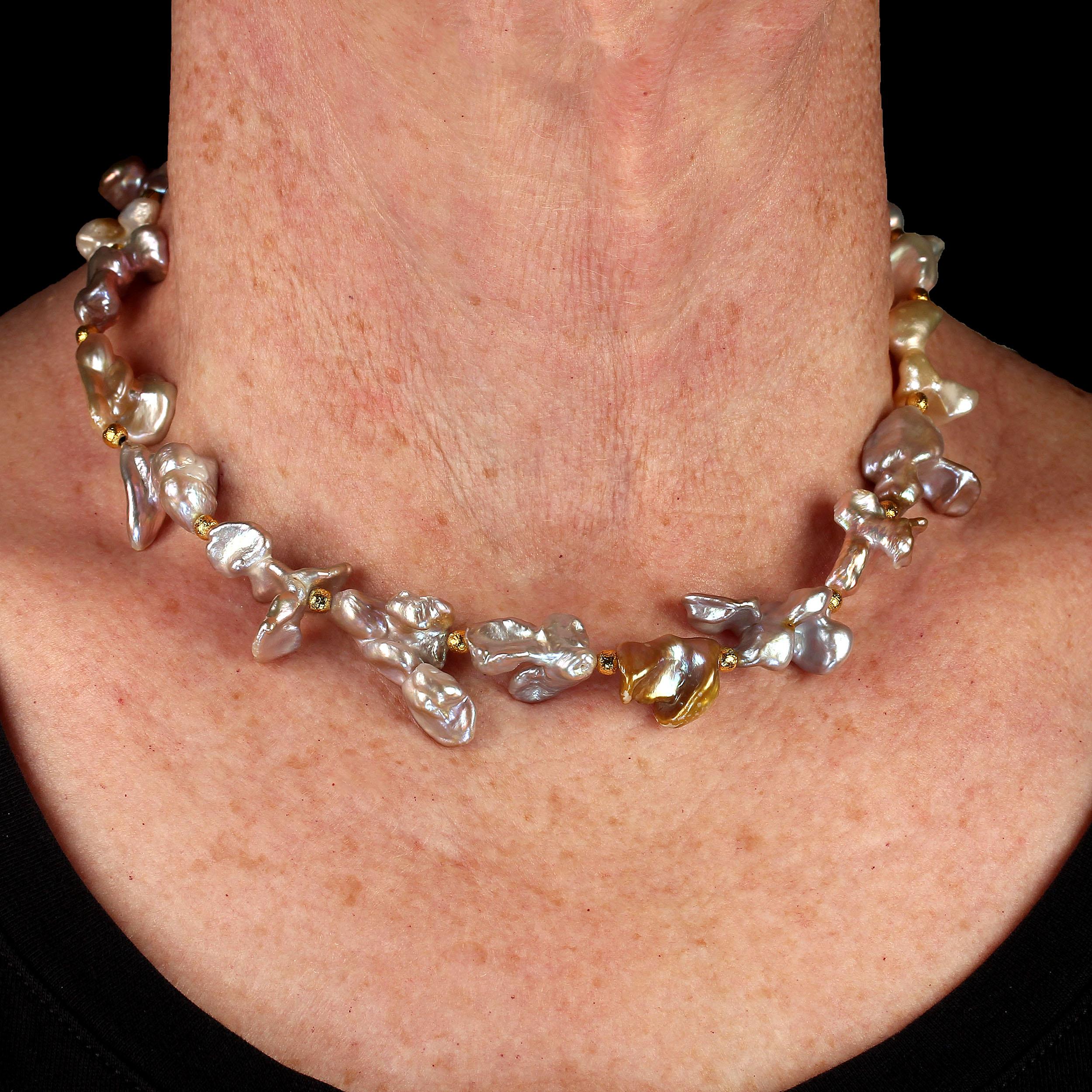 AJD 14 Inch Choker of Funky Shaped Silvery Pearls  Golden Accents  Great Gift! In New Condition For Sale In Raleigh, NC