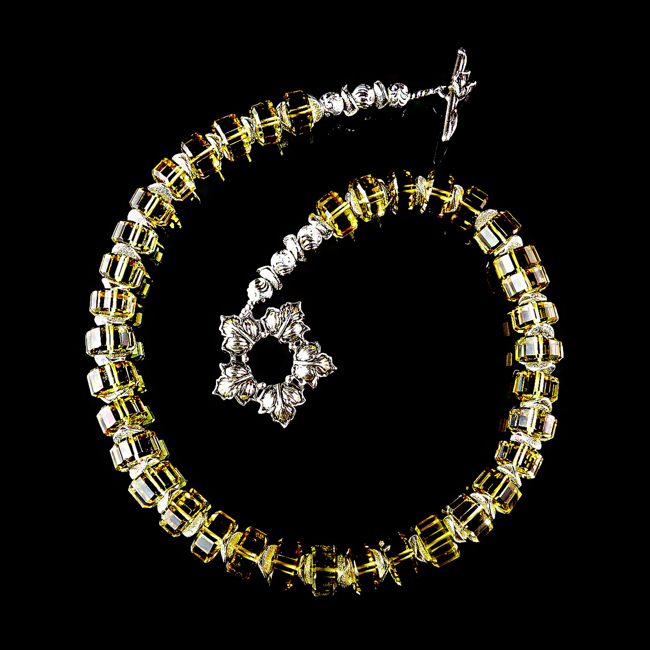 AJD 15 Inch Choker Necklace of Fancy Cut Citrine Rondelles with Silver Clasp In New Condition For Sale In Raleigh, NC