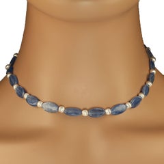 AJD 15 Zoll Choker aus blauem ovalem Kyanit und silbernen Perlen     Perfektes Geschenk