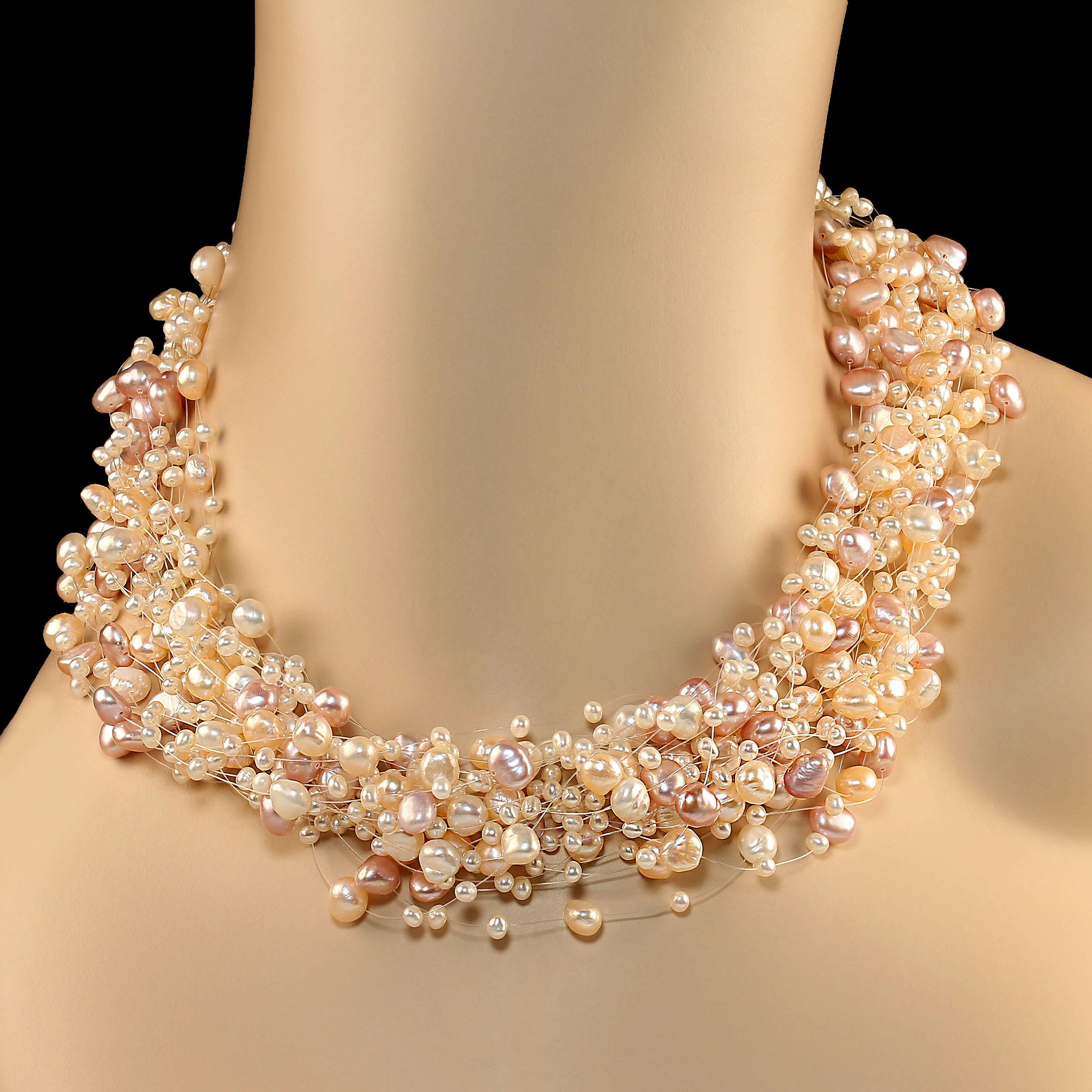 Perle AJD Collier de perles flottantes ou d'illusion de 15 pouces avec fermoir en or 14 carats  en vente