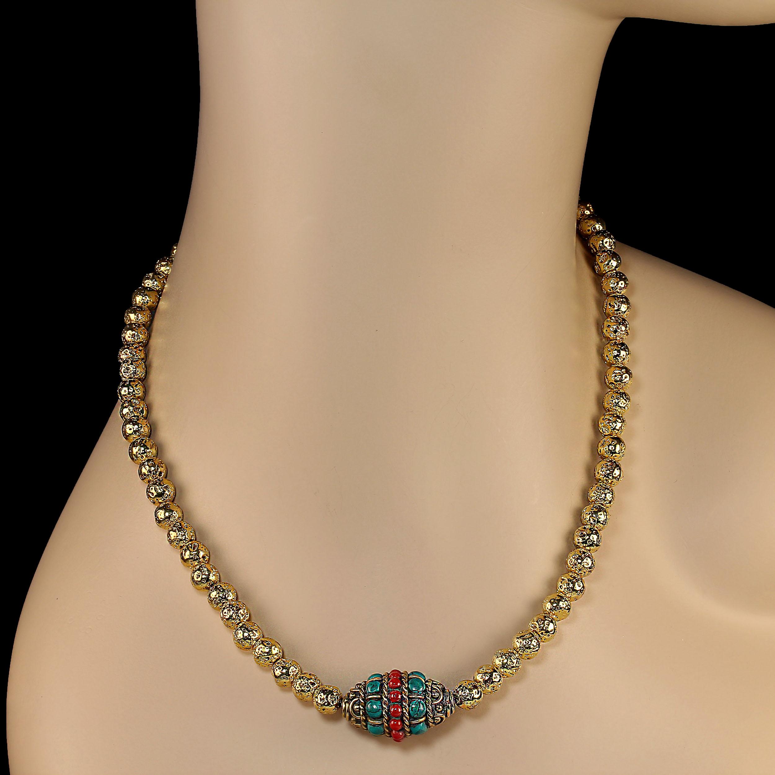 Women's or Men's AJD 17 Inch Gold Washed 7mm Lava Rock with Asian Focal Necklace For Sale