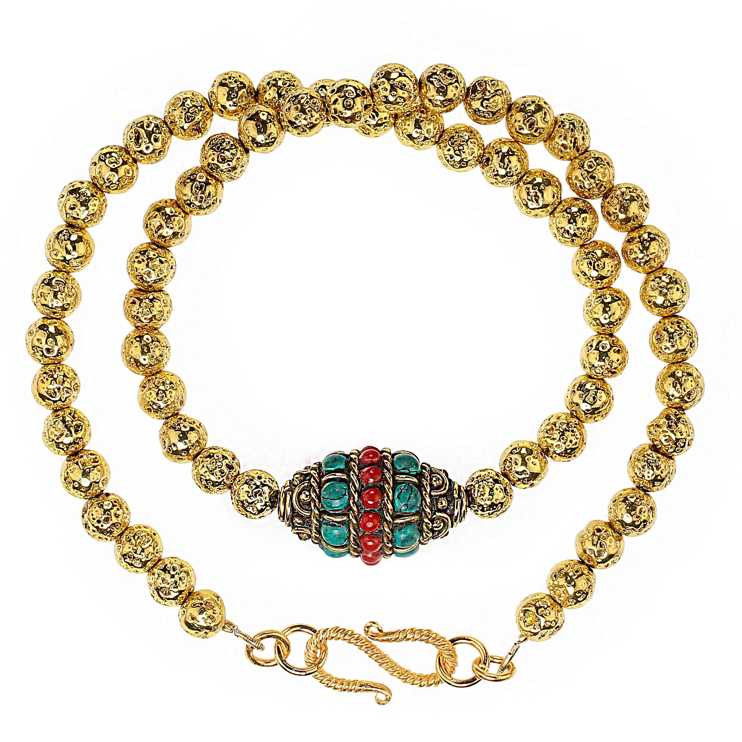 AJD 17 Inch Gold Washed 7mm Lava Rock with Asian Focal Necklace For Sale 2