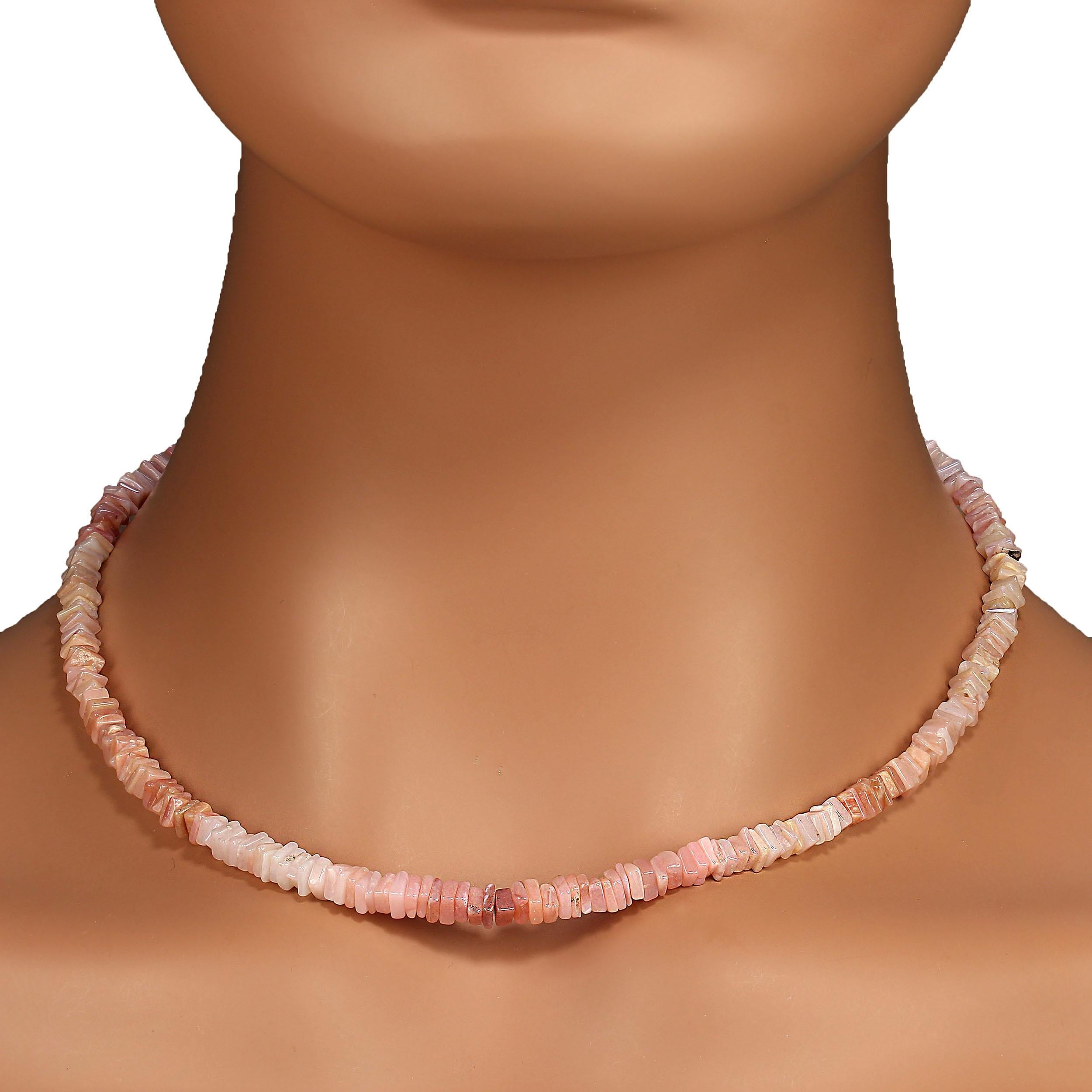 17 Inch Pink Peruvian Opal necklace.  This lovely pink necklace features various shades of pink peruvian opal  in 4mm squares. The delicate shades of pink are perfect for all skin tones.  MN 23102