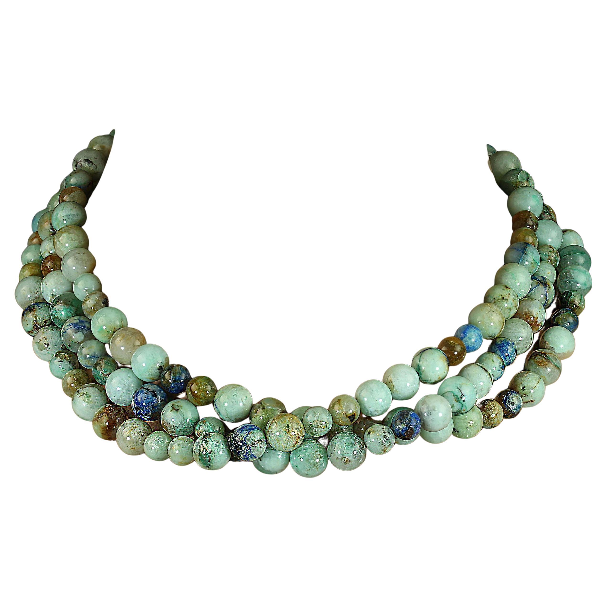 AJD 17 Inch Three strand Chrysocolla and Azurite Necklace en venta