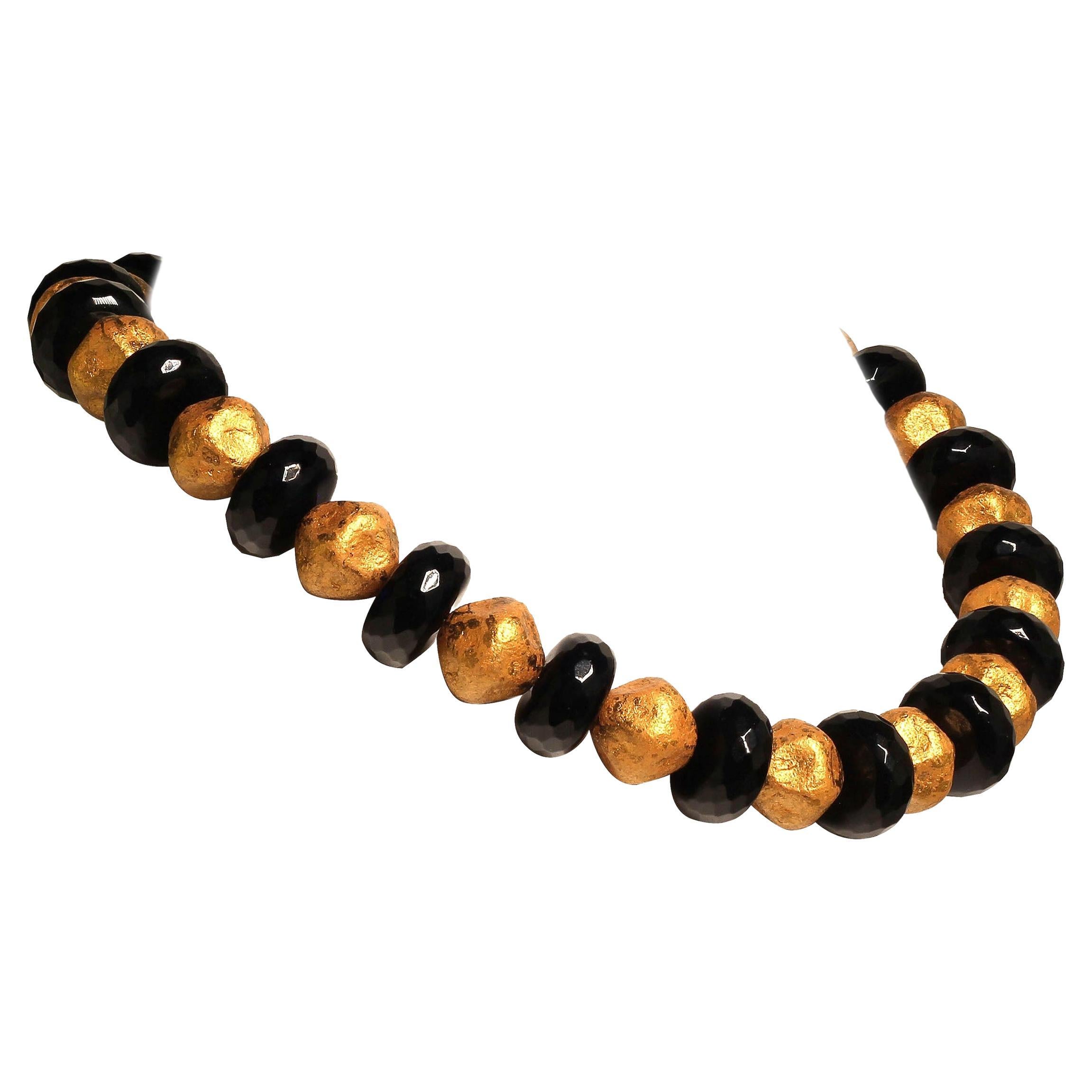 Femenino o masculino AJD Elegante Collar de 18 Pulgadas de Onix Negro y Cuentas de Oro Antiguo  ¡¡Gran regalo!! en venta