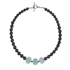 AJD 18 Zoll eleganten schwarzen Onyx Halskette mit handgeschnitzten Aquamarin Akzente