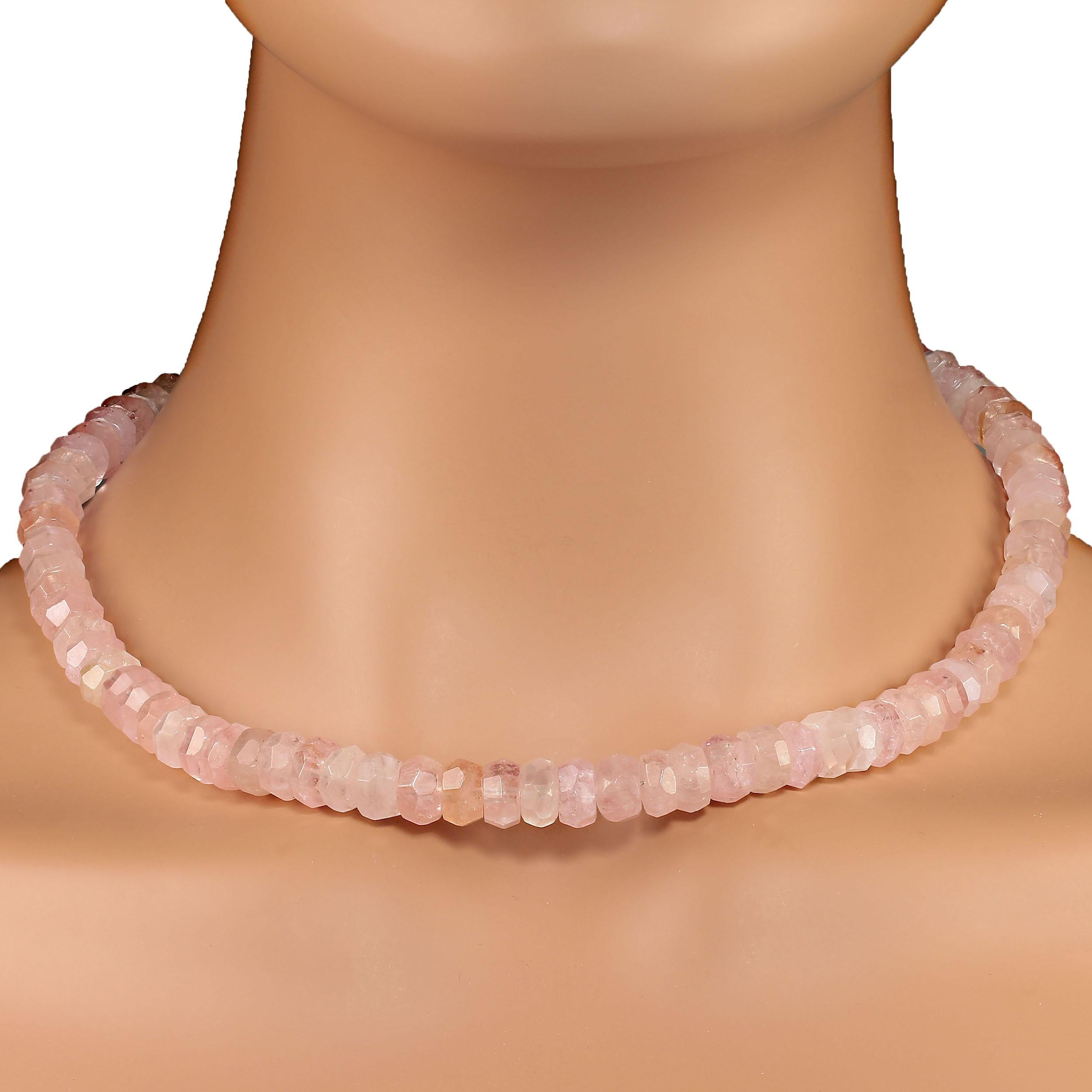 18 Inch Morganite necklace of faceted rondels with sterling silver hook and eye clasp.  These gorgeous 10x8 rondels are various shades of peachy pink. They are transparent to translucent. Morganite is always a great addition to your jewelry