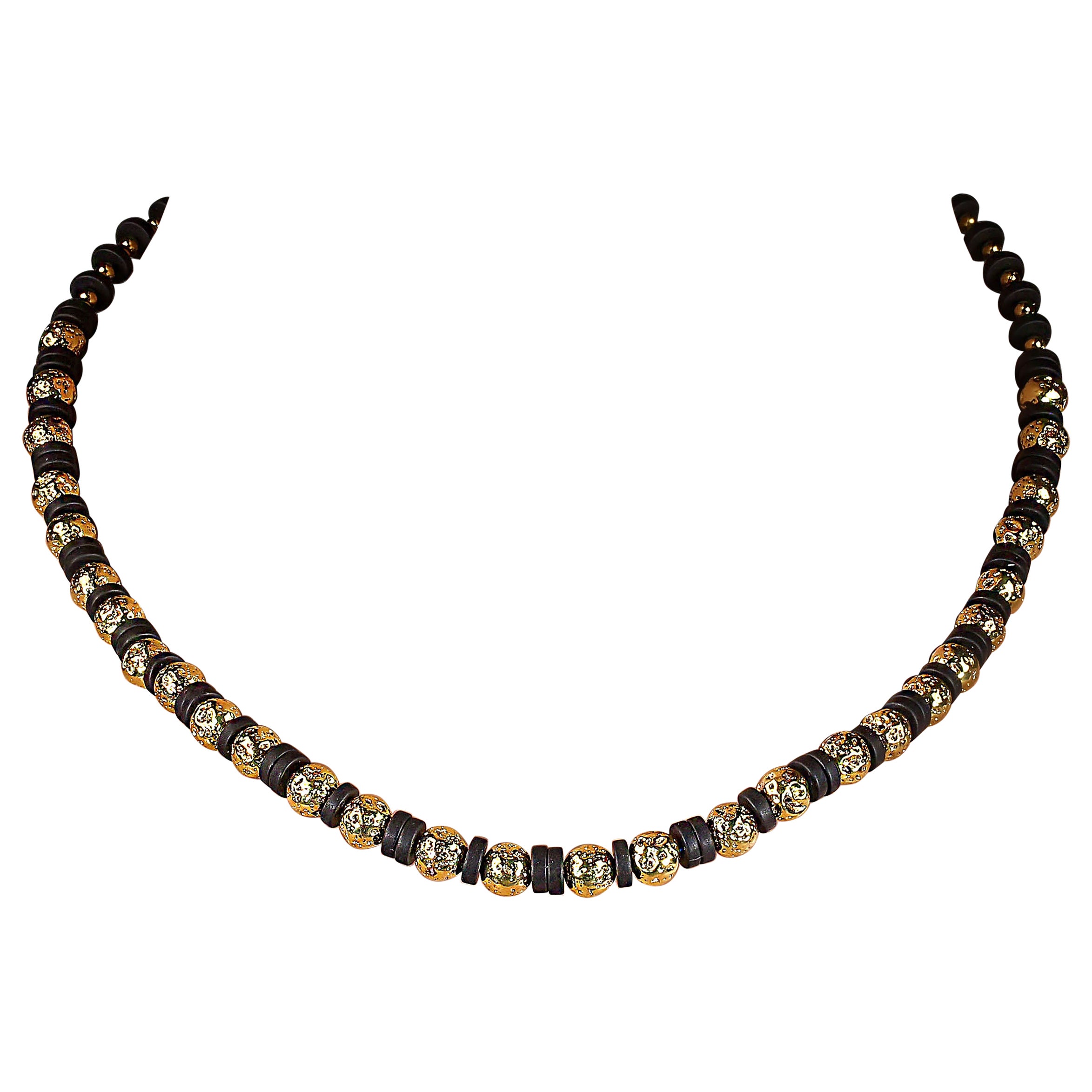 Gold-Washed Lava Rock and Matte Black Onyx Beaded Necklace, 18-Inch
