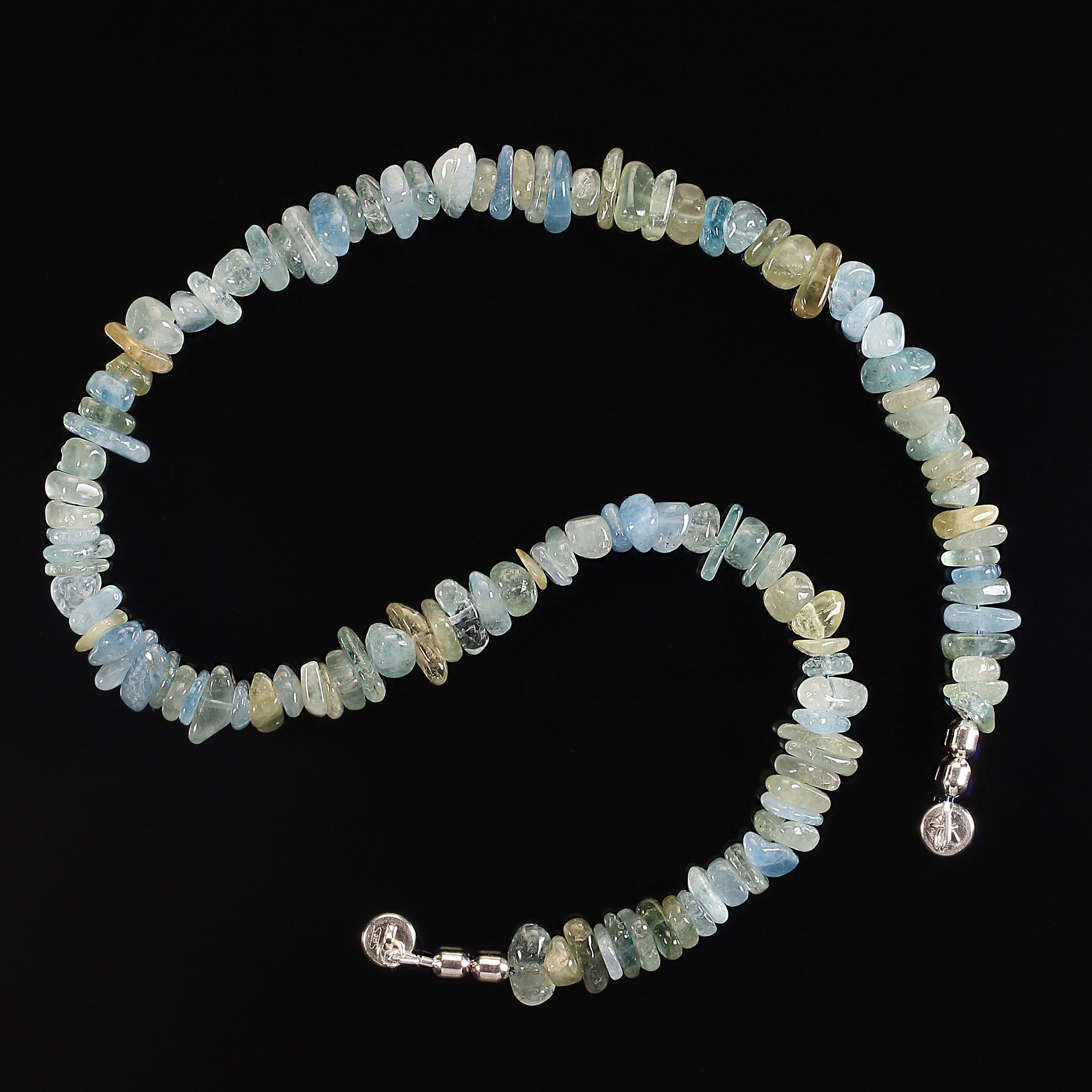 18 Inch gorgeous aquamarine necklace with sterling silver easy to use magnetic clasp.  These so beautiful, highly polished, glowing, random sized aquamarine are medium to deep translucent blue and green. Remember to always slide apart magnets.  Do