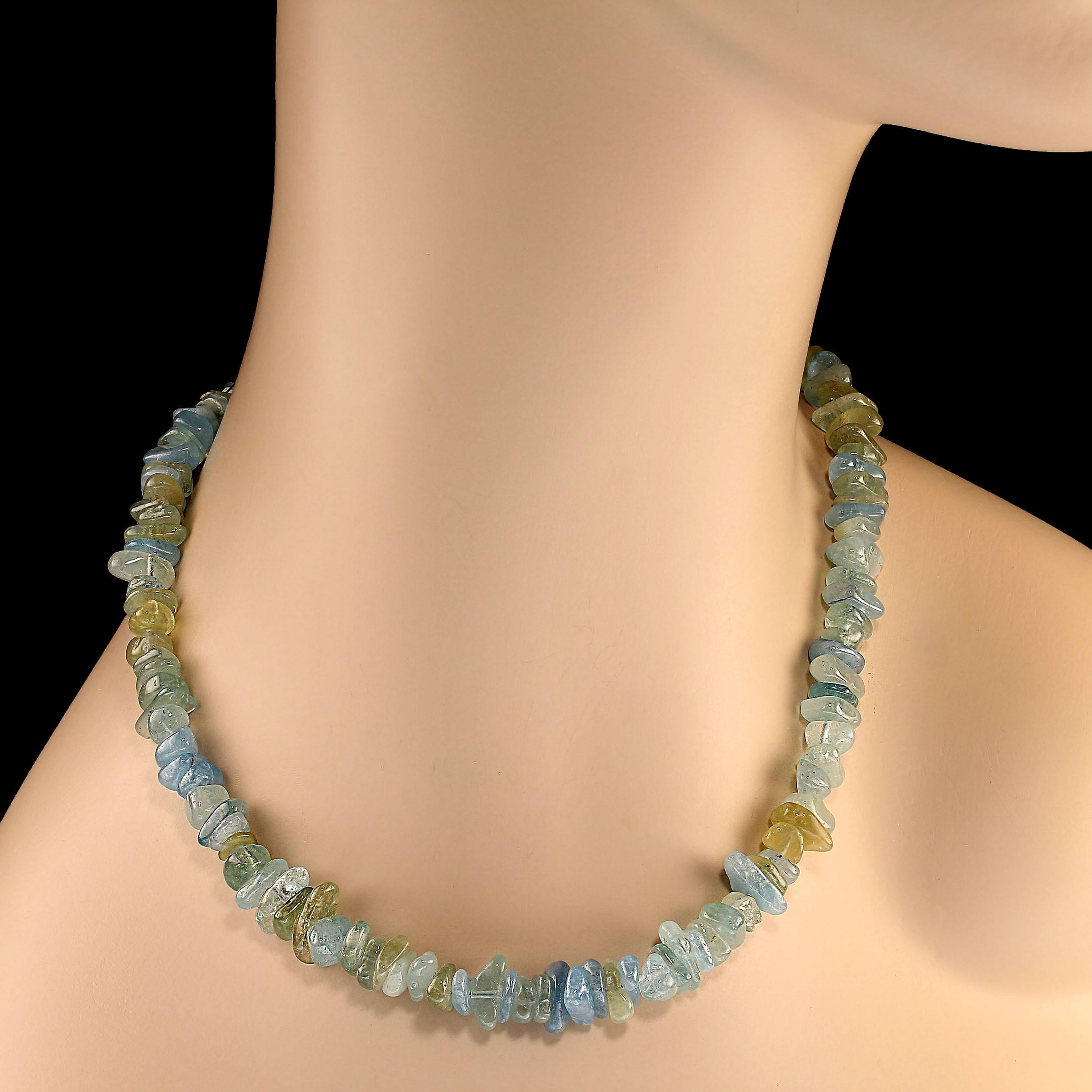 Bead AJD 18 Inch Highly Polished Blue/Green Aquamarine Chip Necklace March Birthstone For Sale