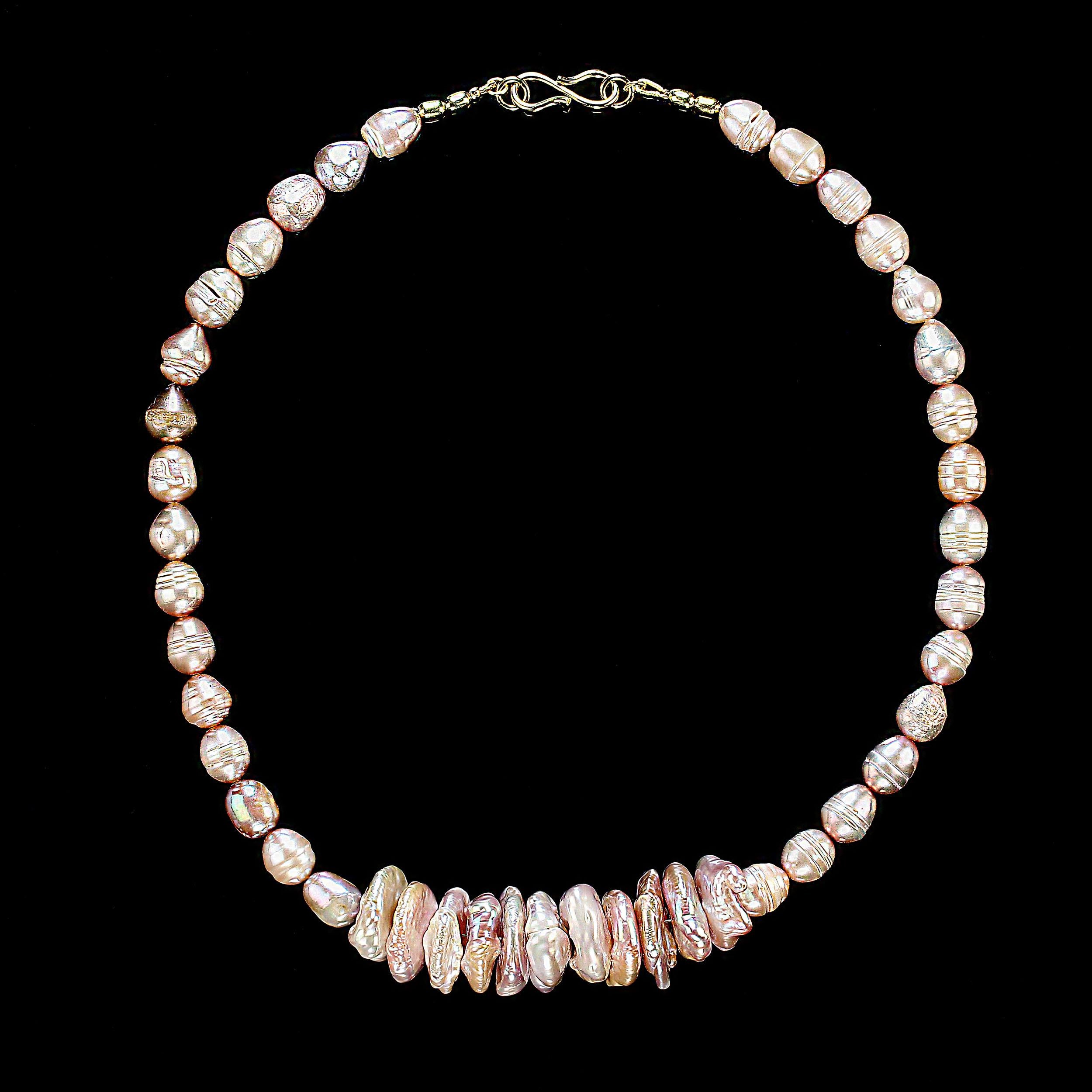 AJD 18 Inch Mauvy/Pink Potato Pearl and Coin Pearl Necklace June Birthstone In New Condition In Raleigh, NC