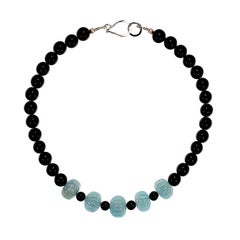 19-Inch Aquamarine and Black Onyx Beaded Necklace with Silver Closure