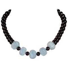 19-Inch Aquamarine and Black Onyx Beaded Necklace with Silver Closure
