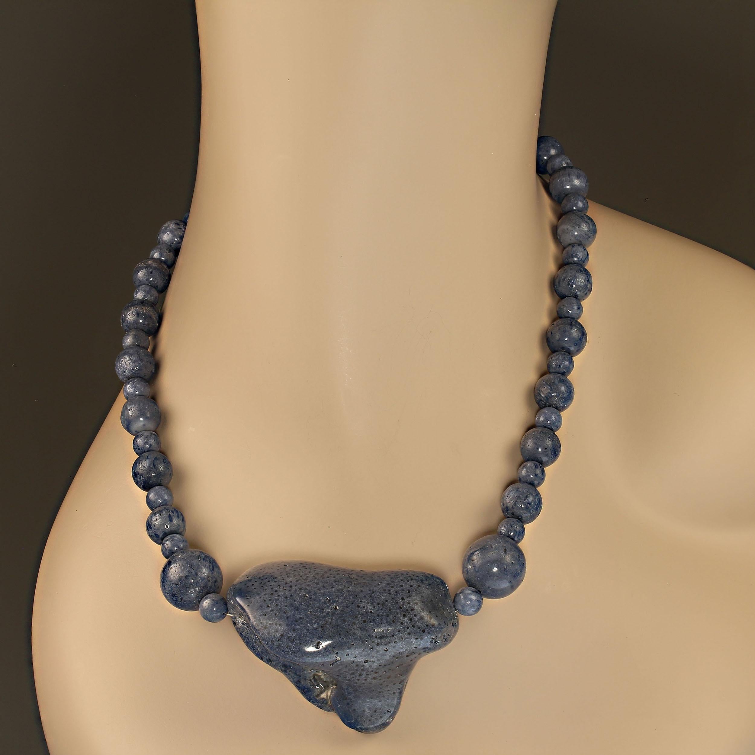 Bead AJD 19 Inch Fabulous Blue Coral Necklace with huge Freeform Focal  Great  Gift! For Sale