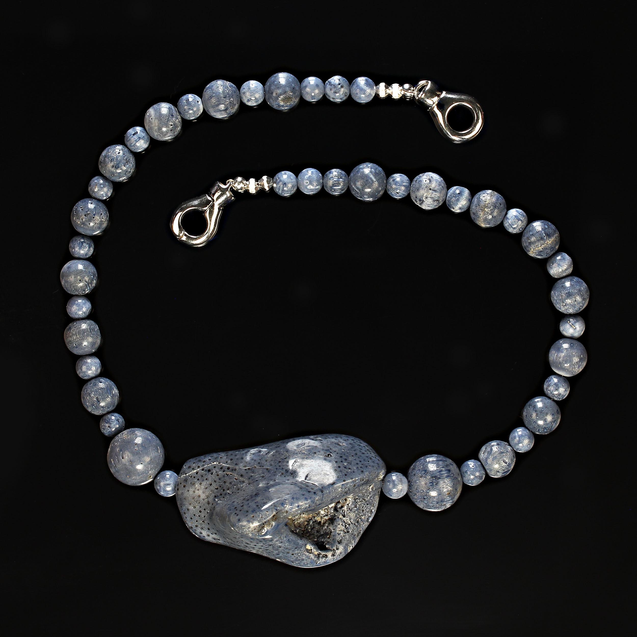 Women's or Men's AJD 19 Inch Fabulous Blue Coral Necklace with huge Freeform Focal  Great  Gift! For Sale