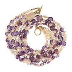 AJD 19 Inch Four Strand Necklace of Coin Shaped Amethyst and Pearls