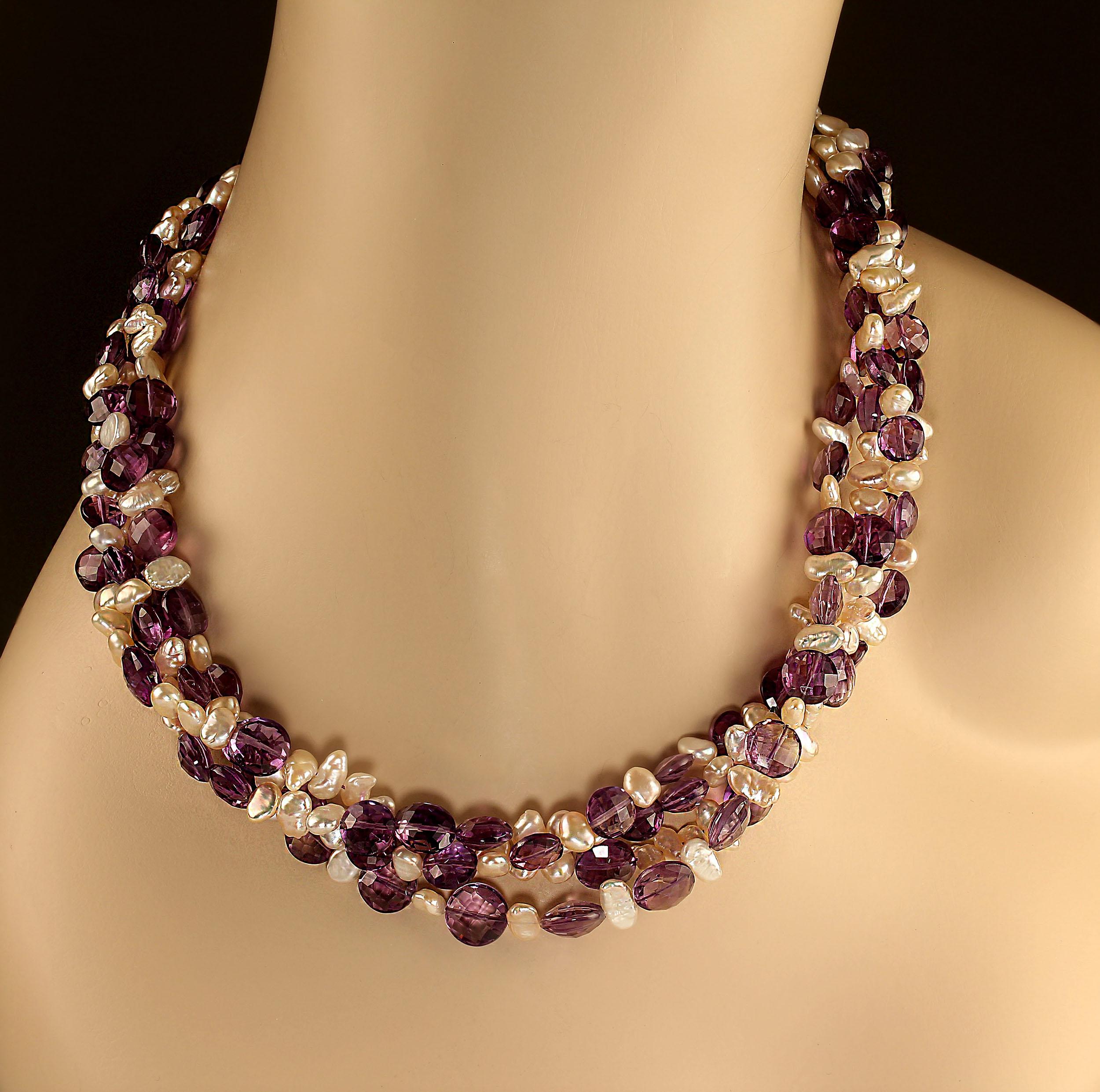 AJD 19 Zoll Vierstrang-Halskette aus Münzförmigem Amethyst und Perlen im Angebot 1
