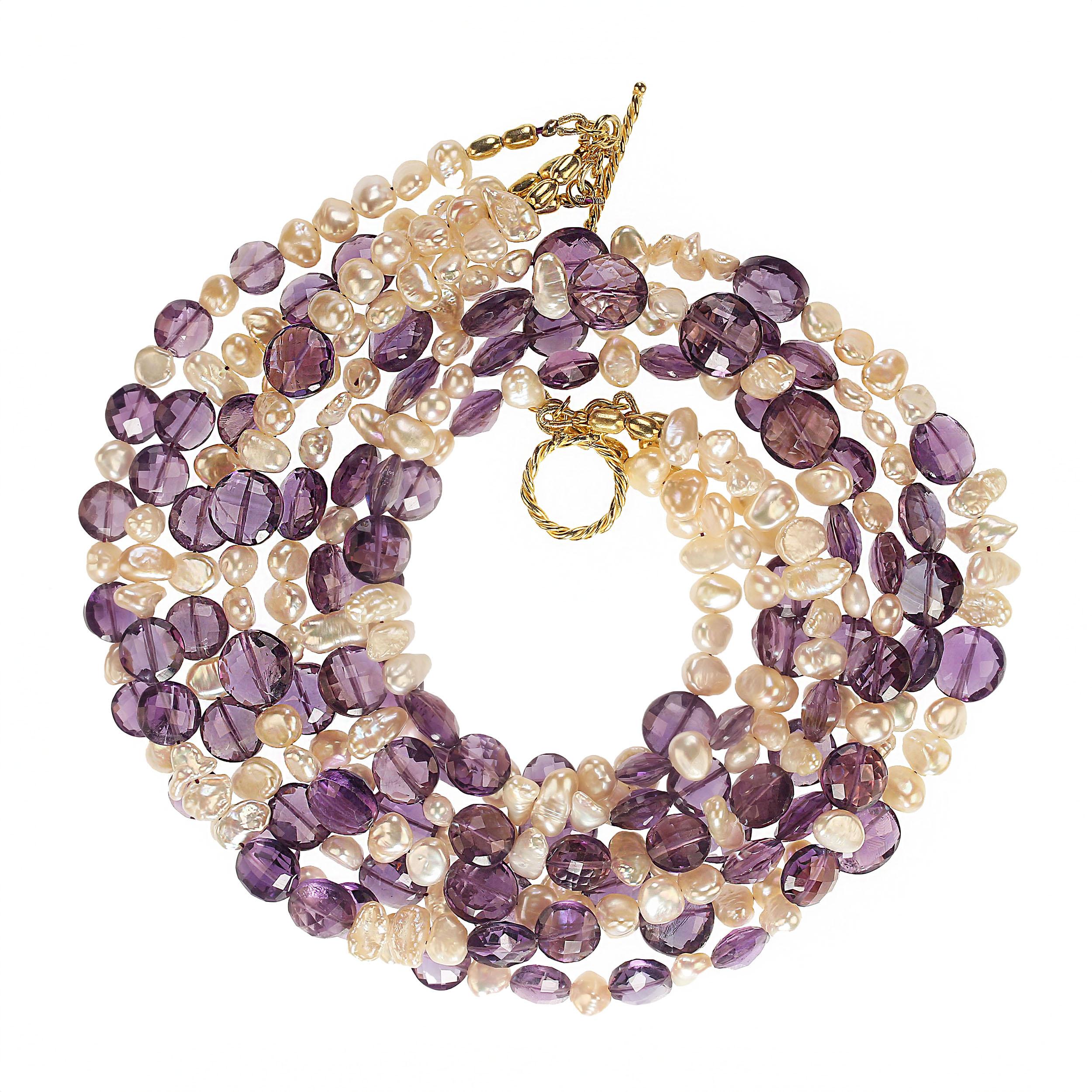 AJD 19 Zoll Vierstrang-Halskette aus Münzförmigem Amethyst und Perlen im Angebot 3