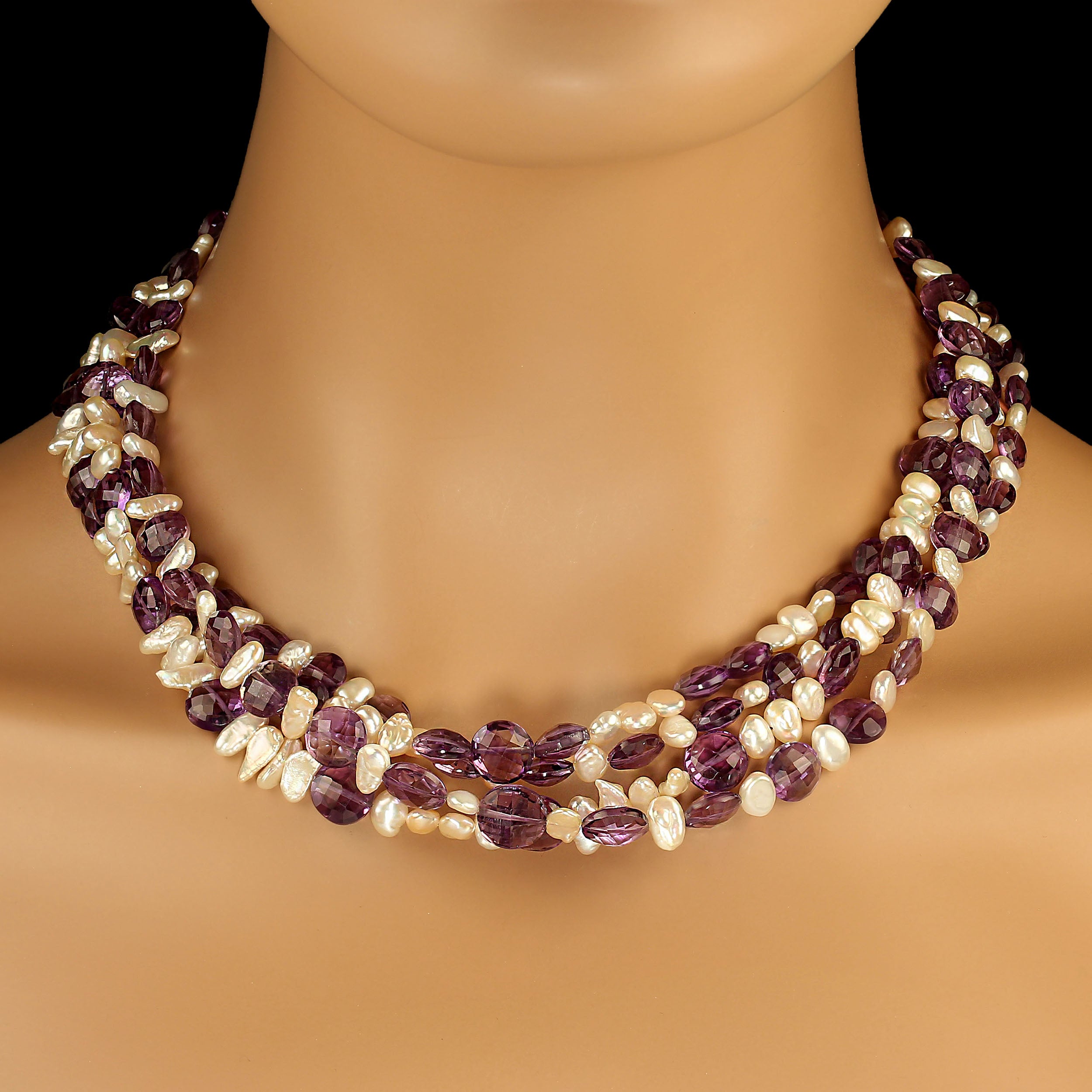 AJD 19 Zoll Vierstrang-Halskette aus Münzförmigem Amethyst und Perlen