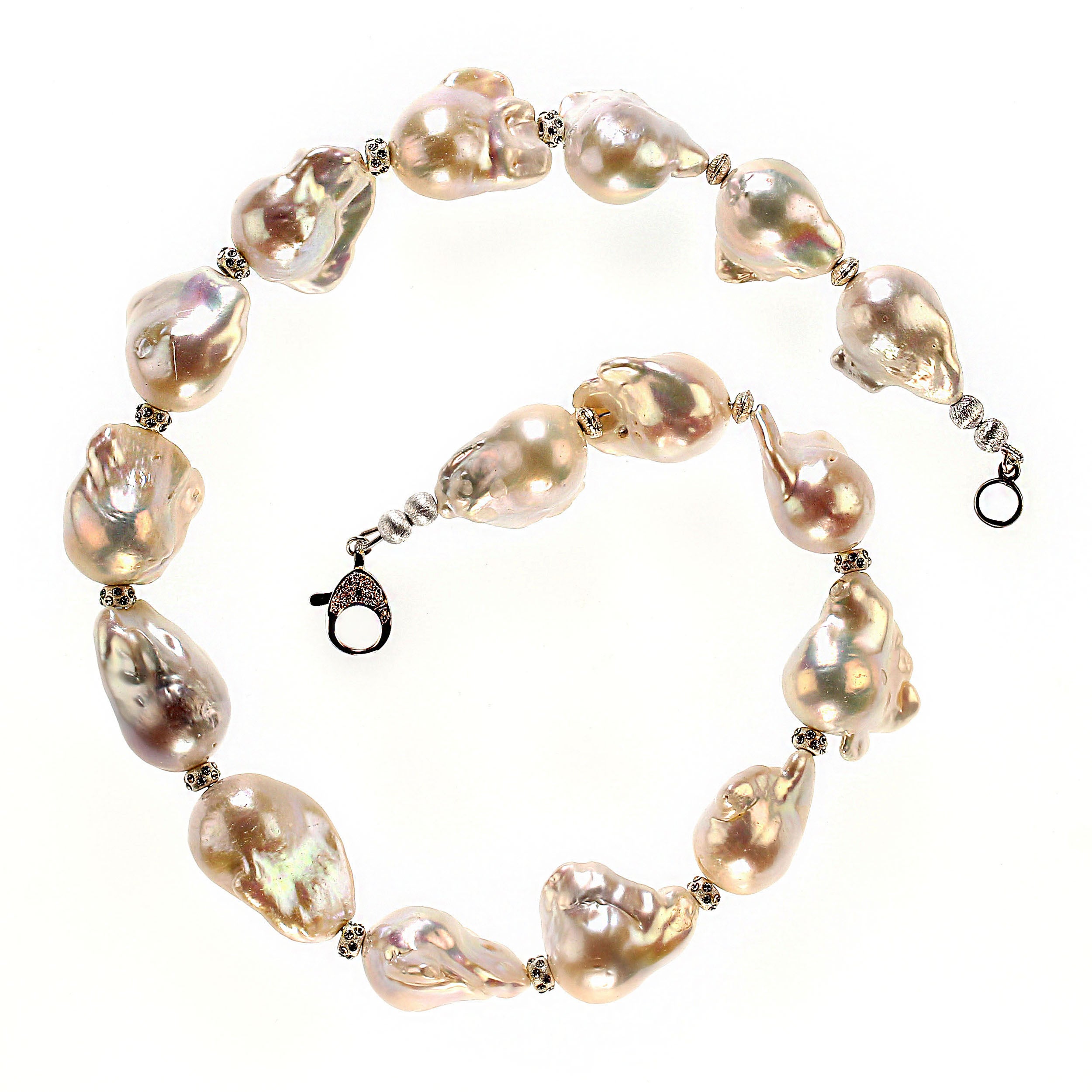 Artisan AJD 19 Inch Giant White Baroque Pearl Necklace with Sparkling Crystal Accents For Sale