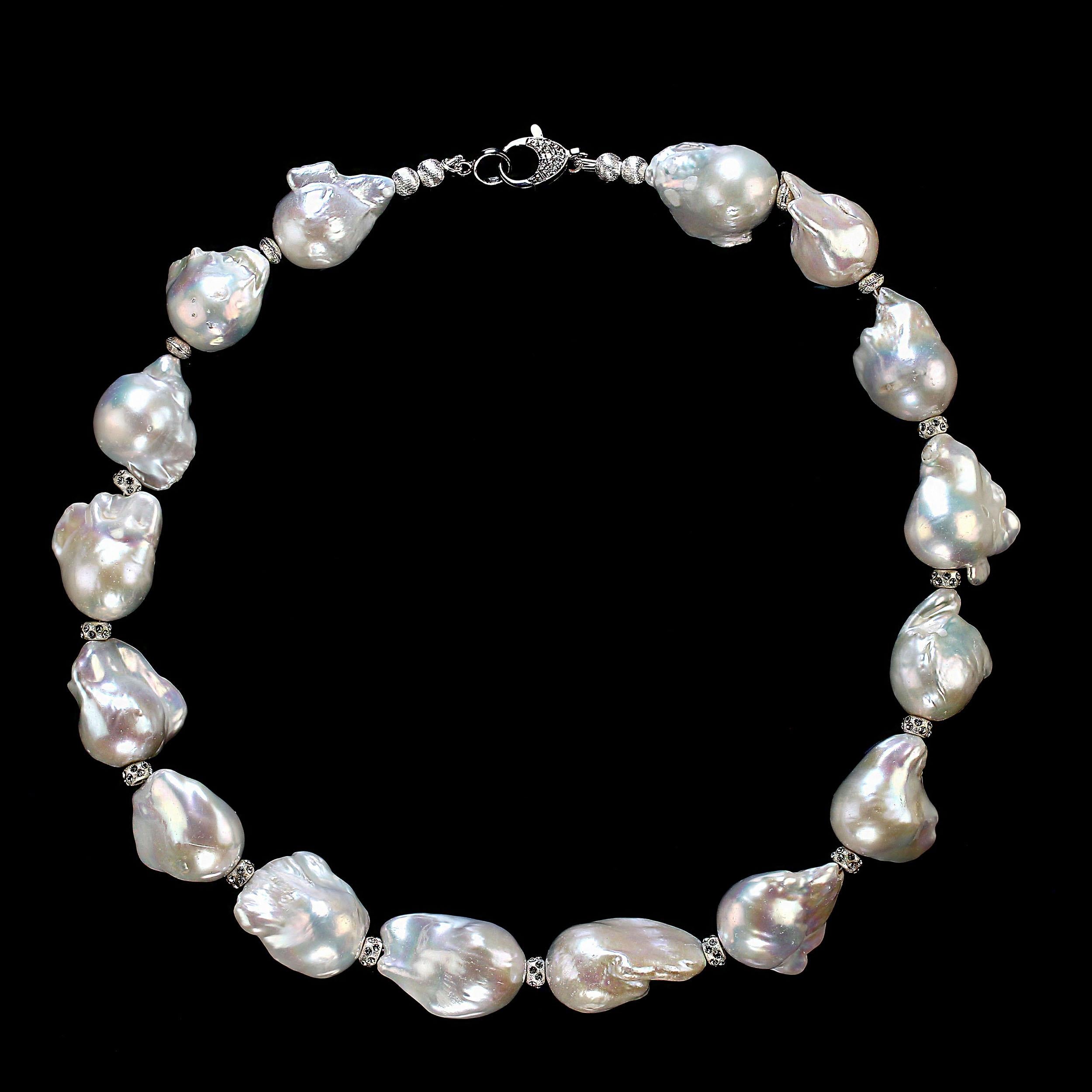 Bead AJD 19 Inch Giant White Baroque Pearl Necklace with Sparkling Crystal Accents For Sale